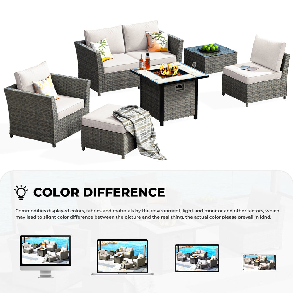 OVIOS Patio Furniture Set New Rimaru 7-Piece Set include 30'' Square Fire Pit Table Partially Assembled