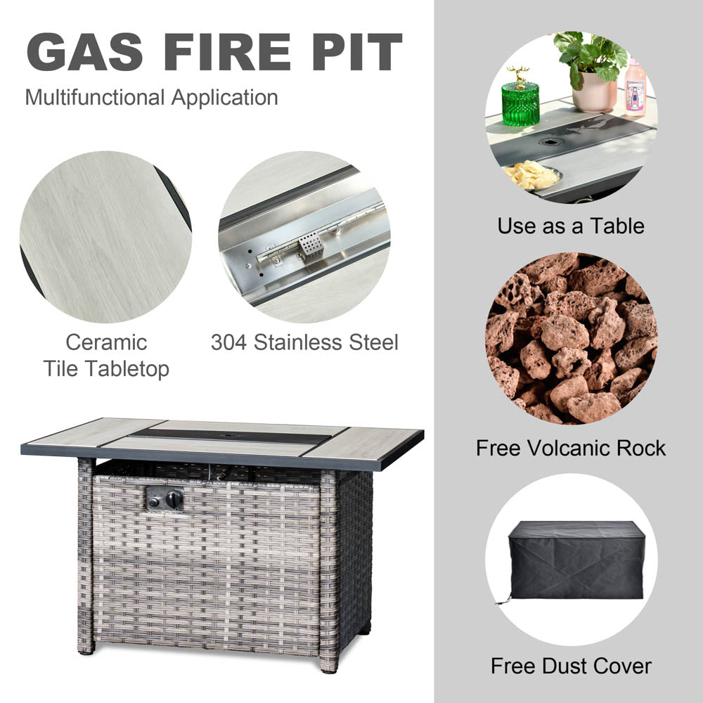 OVIOS Patio Vultros 8-Piece Set With Swivel Chair and Rectangle 42'' Propane Fire Pit Table