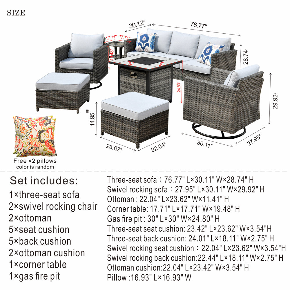 OVIOS Patio Vultros 7-Piece Set with 2 Rocking chairs and 30'' Propane Fire Pit Table