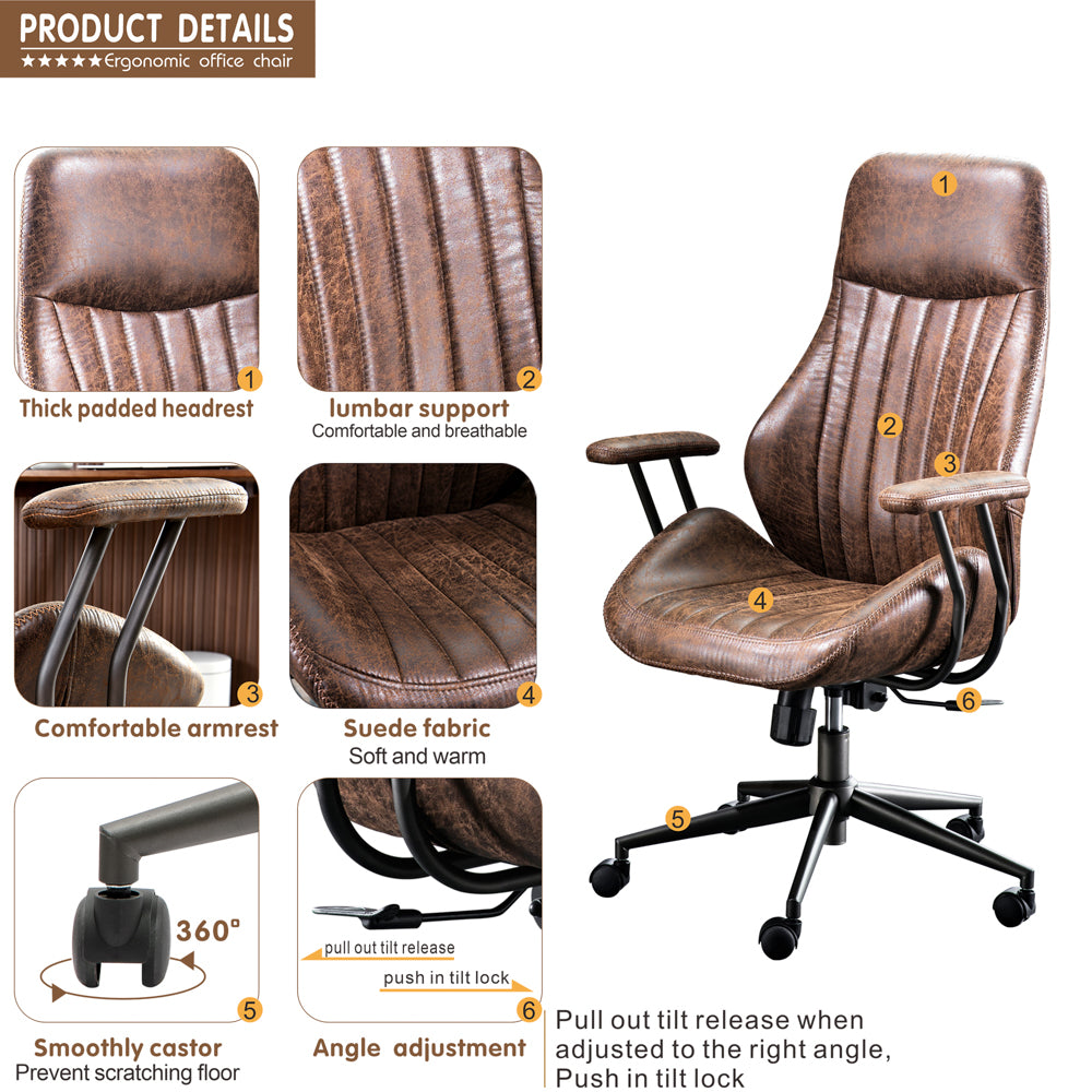 Ovios Office Chair Ergonomic High Back Suede Fabric for Executive or Home Office-Dark Brown