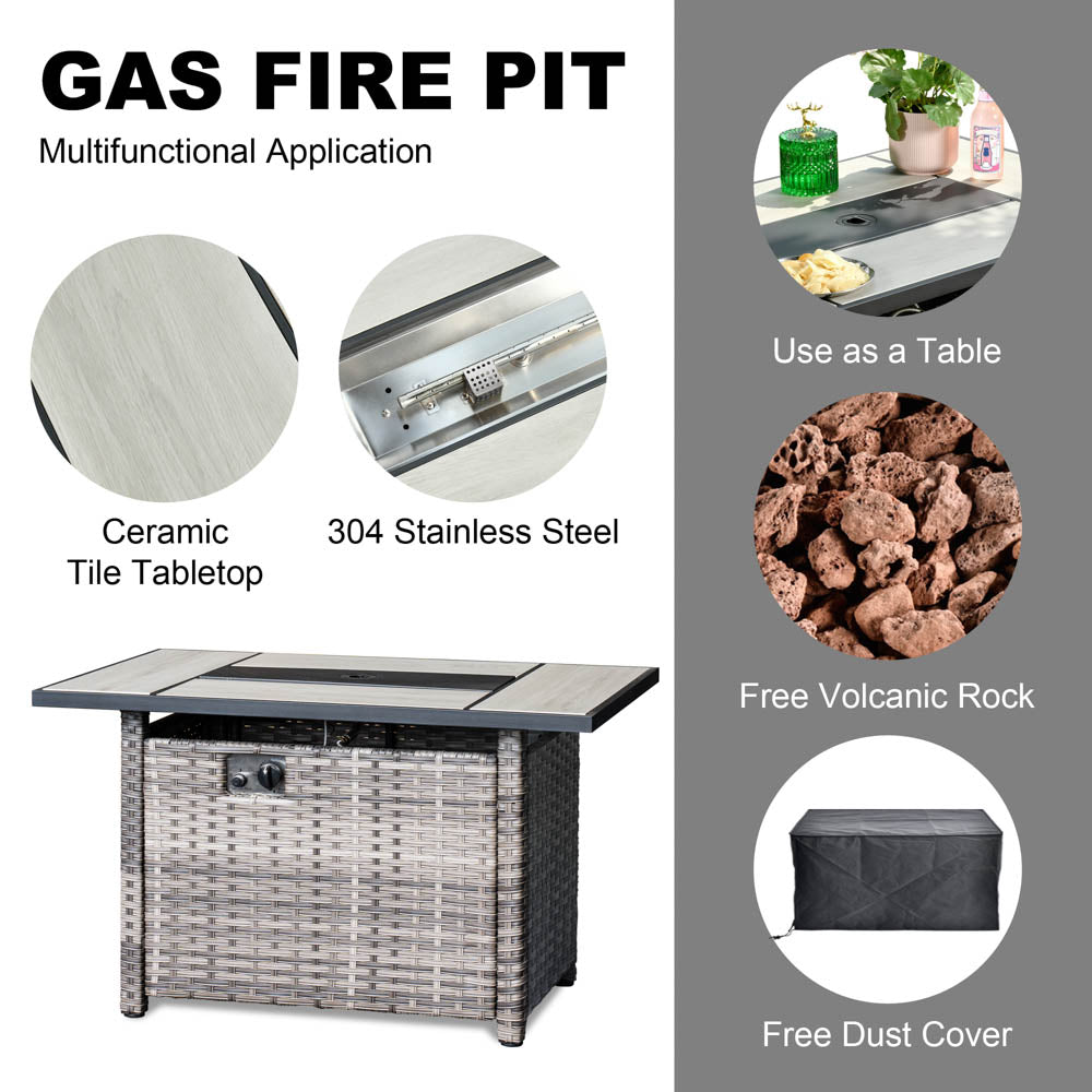 OVIOS Patio Vultros 8-Piece Set With Swivel Chair and Rectangle 42'' Propane Fire Pit Table