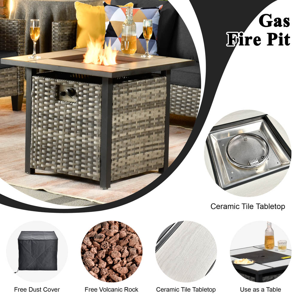 Ovios Patio Vultros Furniture Set 7-Person Seating with 30'' Propane Fire Pit Table