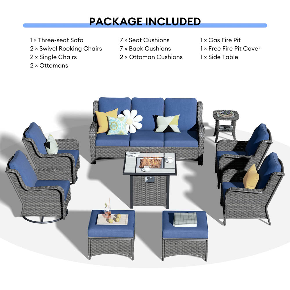 Ovios Outdoor Furniture 9-Piece with 30'' Fire Pit Table and Kenard 2 Rocking Chairs