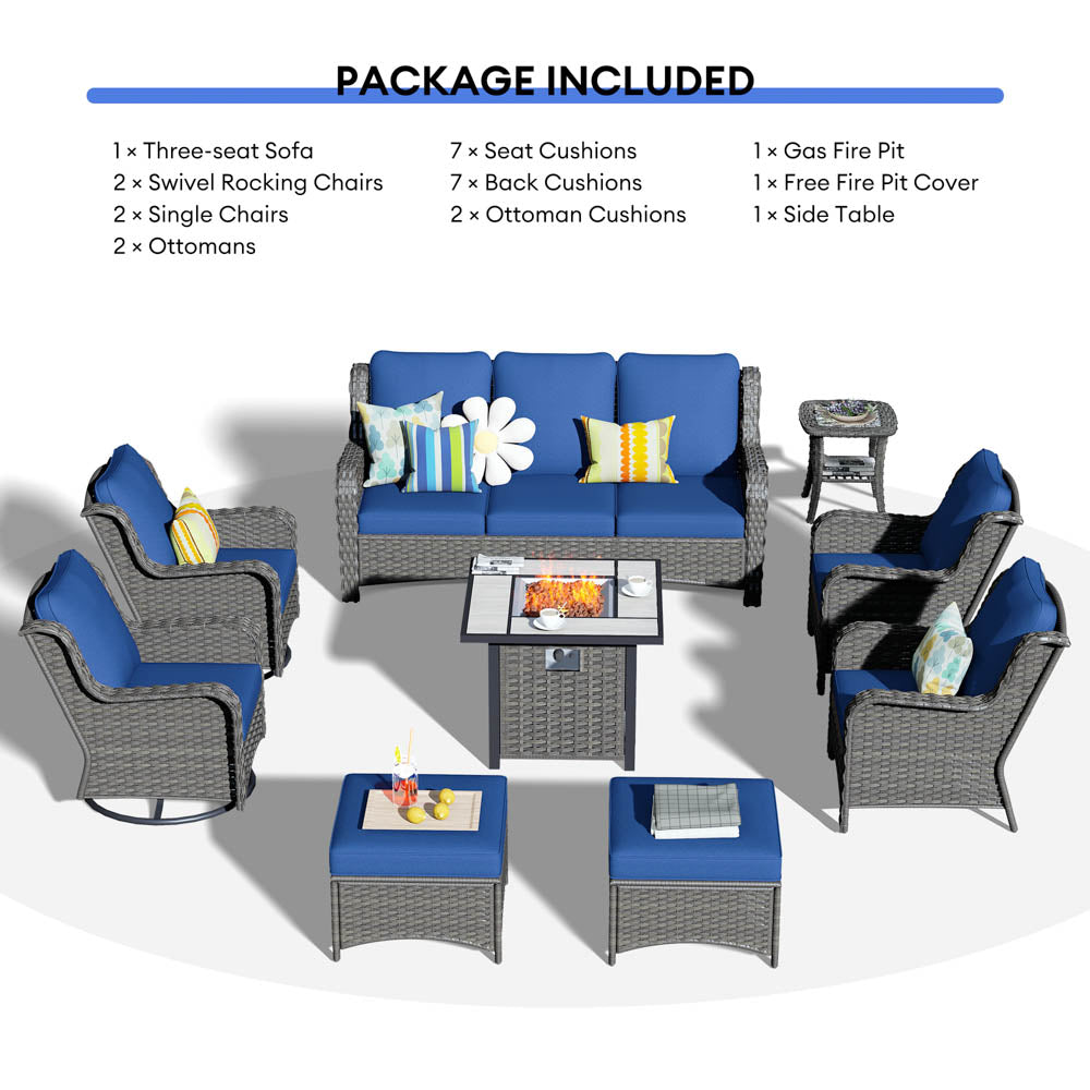 Ovios Outdoor Furniture 9-Piece with 30'' Fire Pit Table and Kenard 2 Rocking Chairs