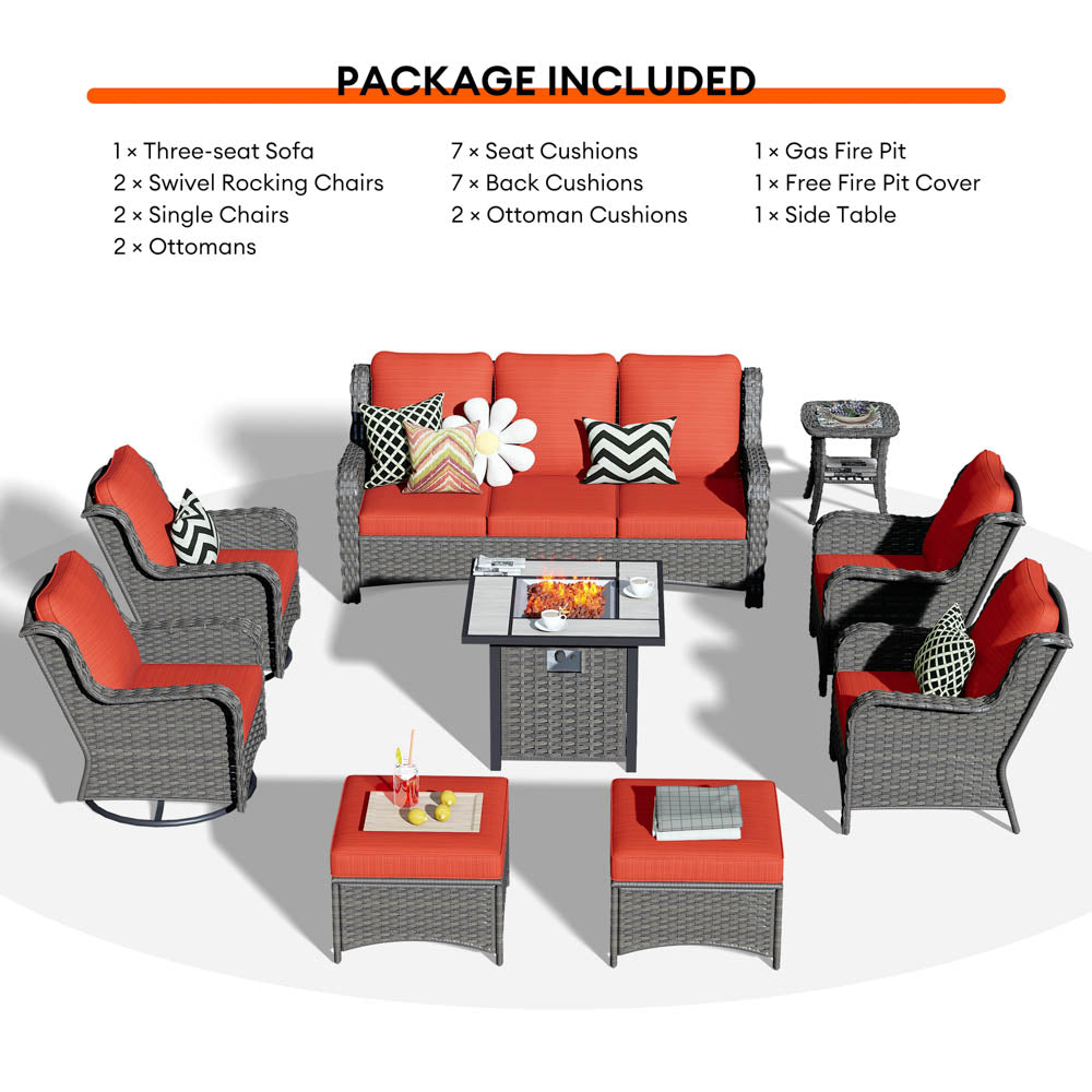 Ovios Outdoor Furniture 9-Piece with 30'' Fire Pit Table and Kenard 2 Rocking Chairs