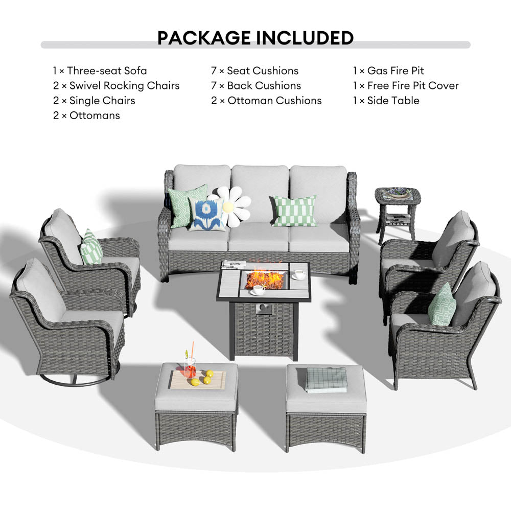 Ovios Outdoor Furniture 9-Piece with 30'' Fire Pit Table and Kenard 2 Rocking Chairs