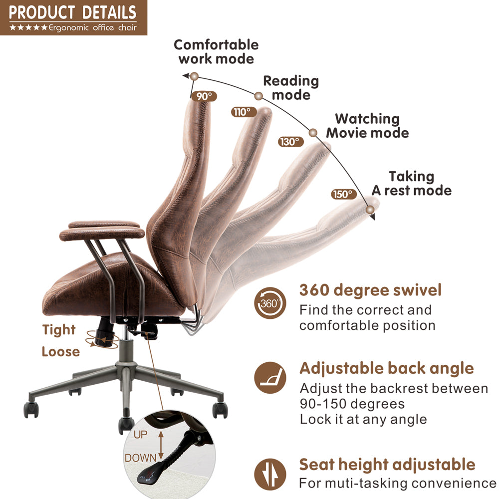 Ovios Office Chair Ergonomic High Back Suede Fabric for Executive or Home Office-Dark Brown