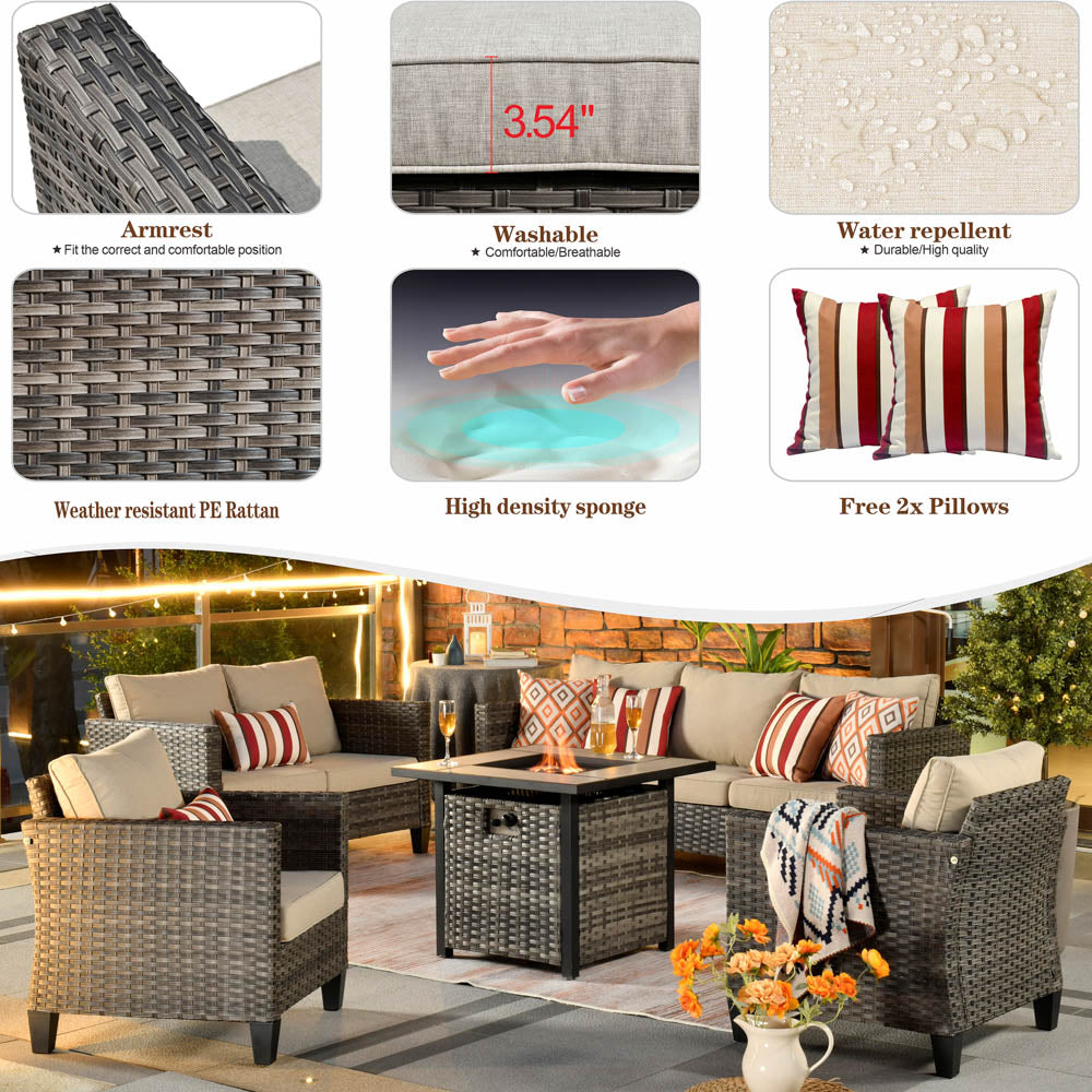 Ovios Patio Vultros Furniture Set 7-Person Seating with 30'' Propane Fire Pit Table