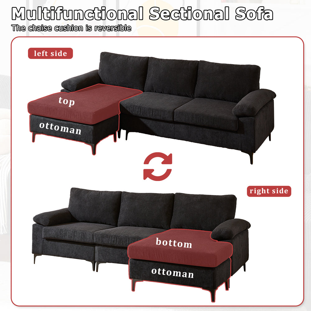 Ovios 100.02" Living Room Sofa Reversible Chaise Corduroy Fabric with Ottoman