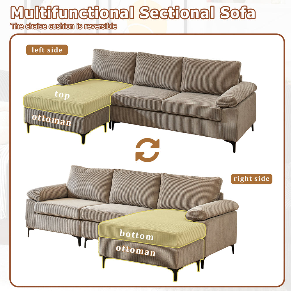 Ovios 100.02" Living Room Sofa Reversible Chaise Corduroy Fabric with Ottoman