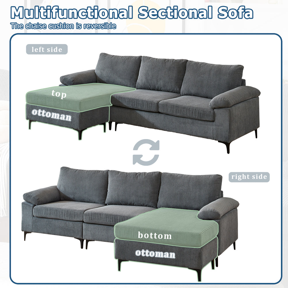 Ovios 100.02" Living Room Sofa Reversible Chaise Corduroy Fabric with Ottoman