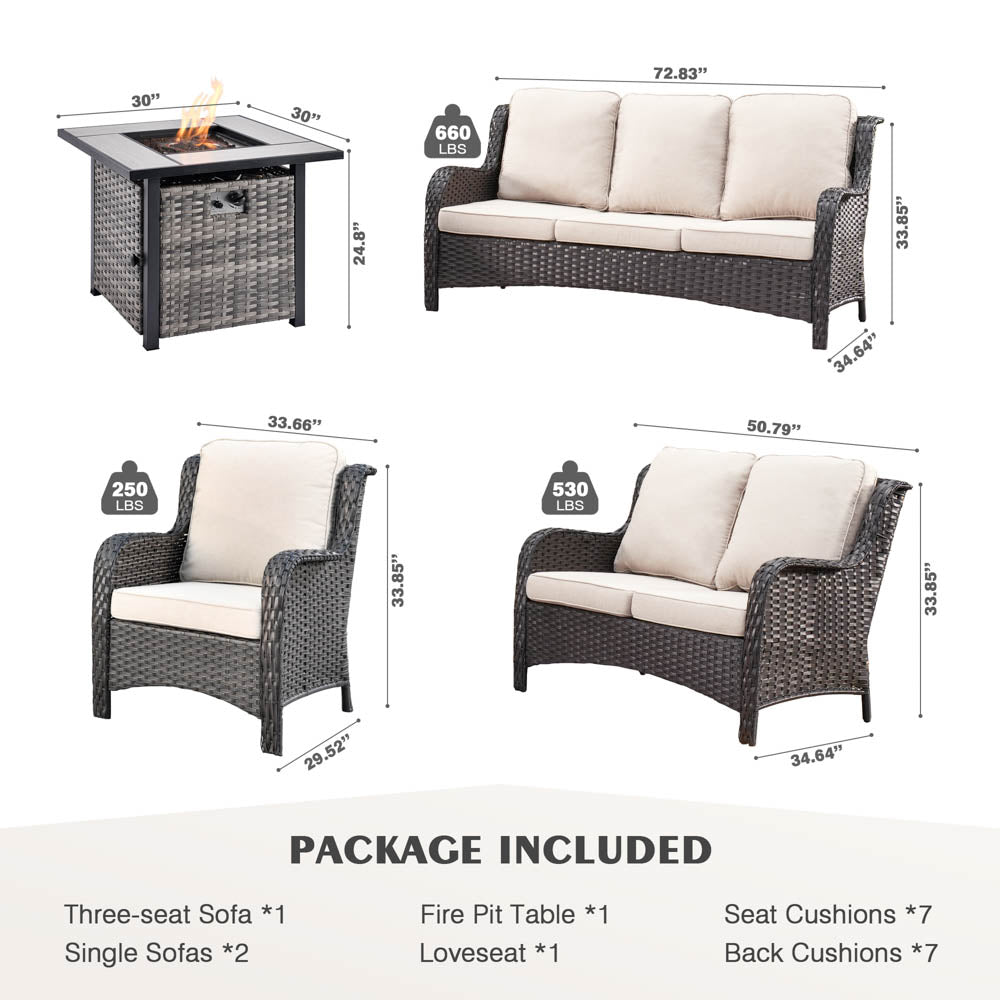 Ovios Patio Kenard 5-Piece Conversation Set with 30'' Fire Pit Table and Loveseat