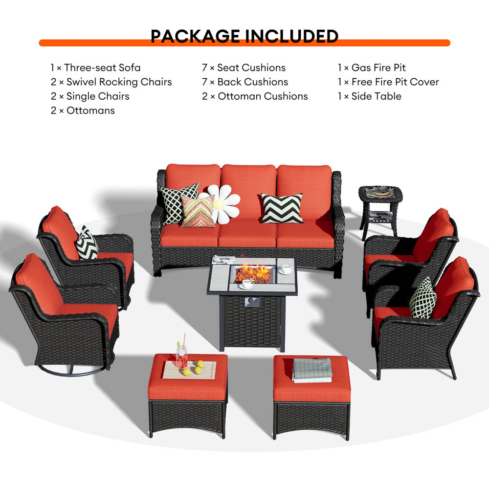 Ovios Outdoor Furniture 9-Piece with 30'' Fire Pit Table and Kenard 2 Rocking Chairs