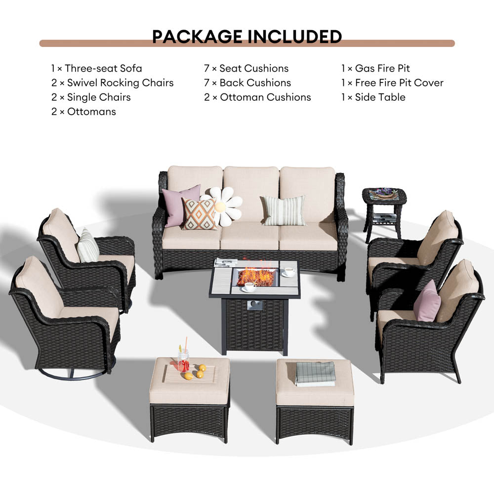 Ovios Outdoor Furniture 9-Piece with 30'' Fire Pit Table and Kenard 2 Rocking Chairs