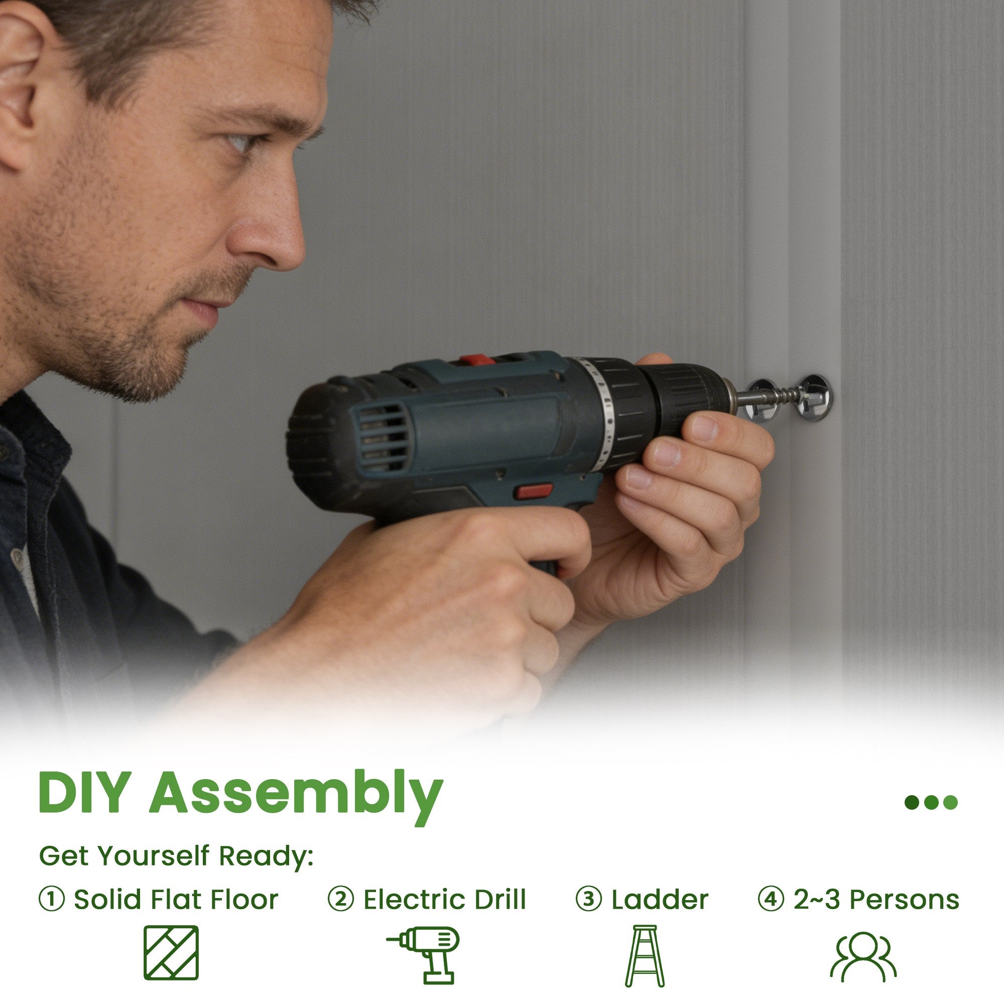 OVIOS resin shed: DIY assembly steps with drill, flat floor, ladder, 2-3 persons.