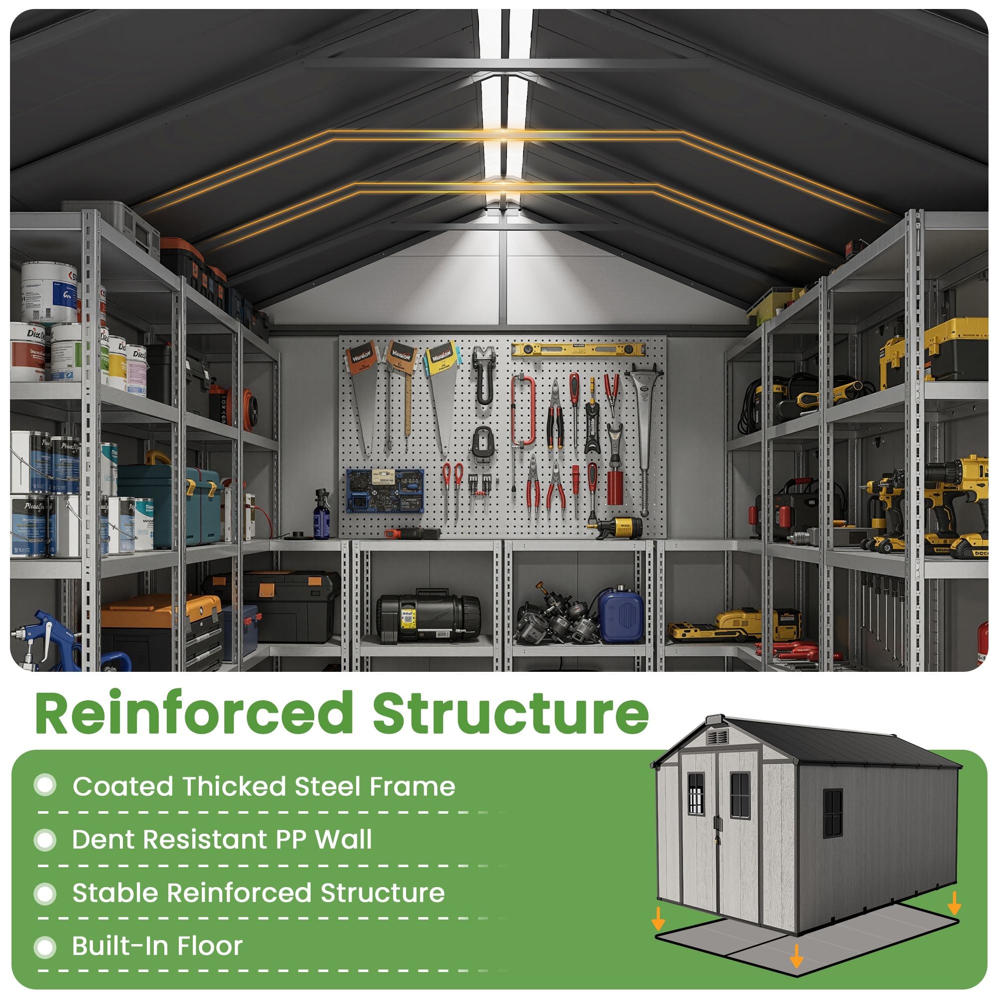 OVIOS shed: reinforced structure, organized tool interior, gable roof exterior view.