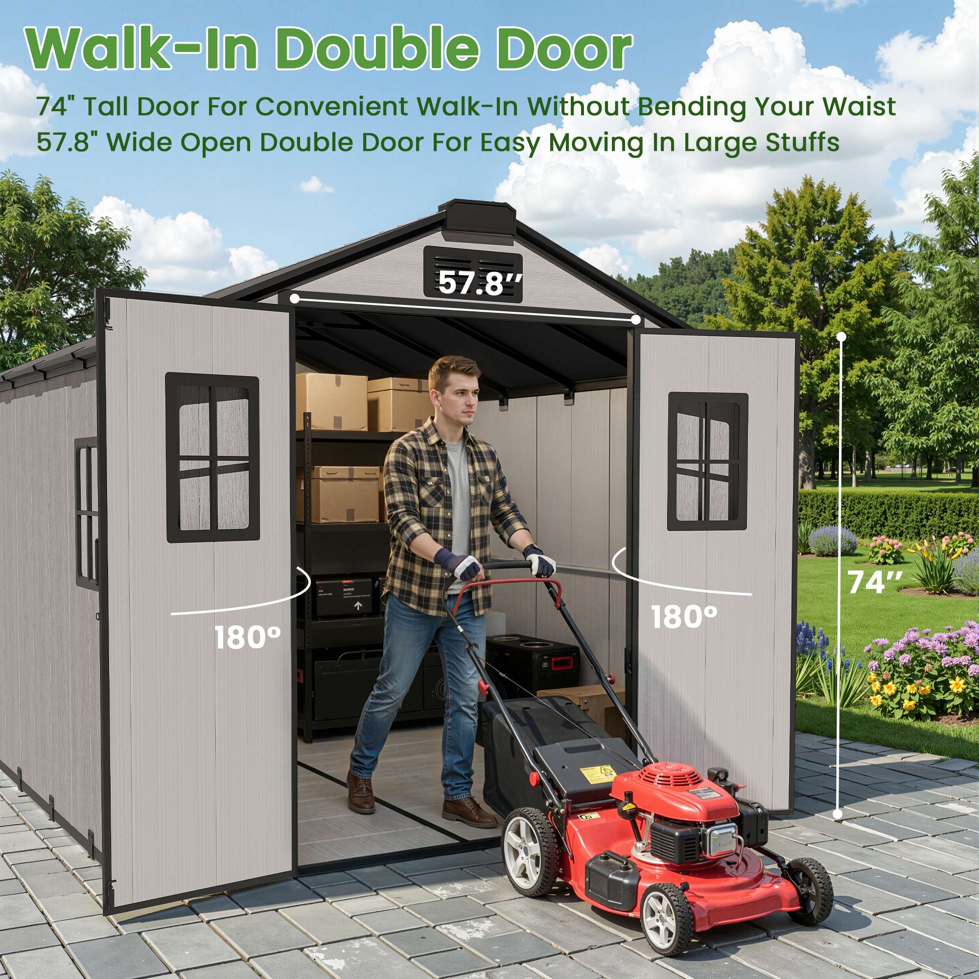 OVIOS grey resin storage shed with 74" tall & 57.8" wide double doors, man pushing lawnmower inside.#Size_8*8 ft #Size_8*10 ft #Size_8*12 ft