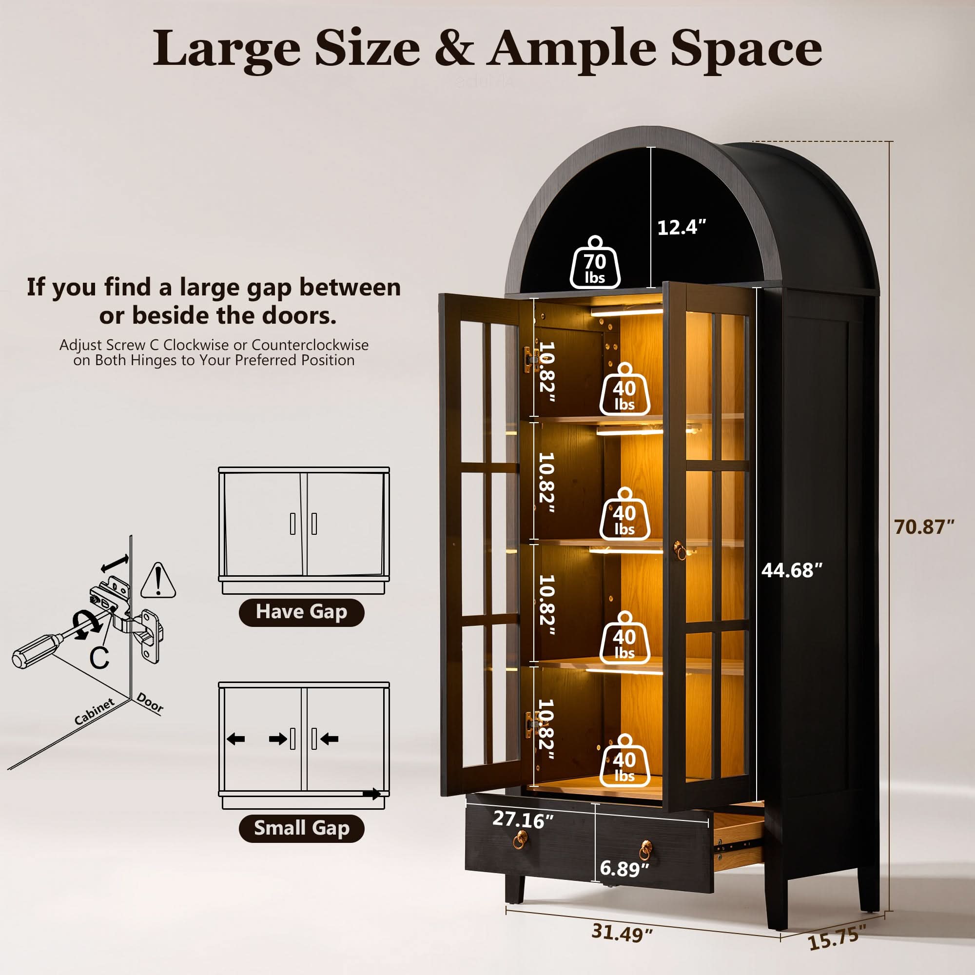OVIOS Modern Glass Door Storage Cabinet with Adjustable Shelves and Drawer
