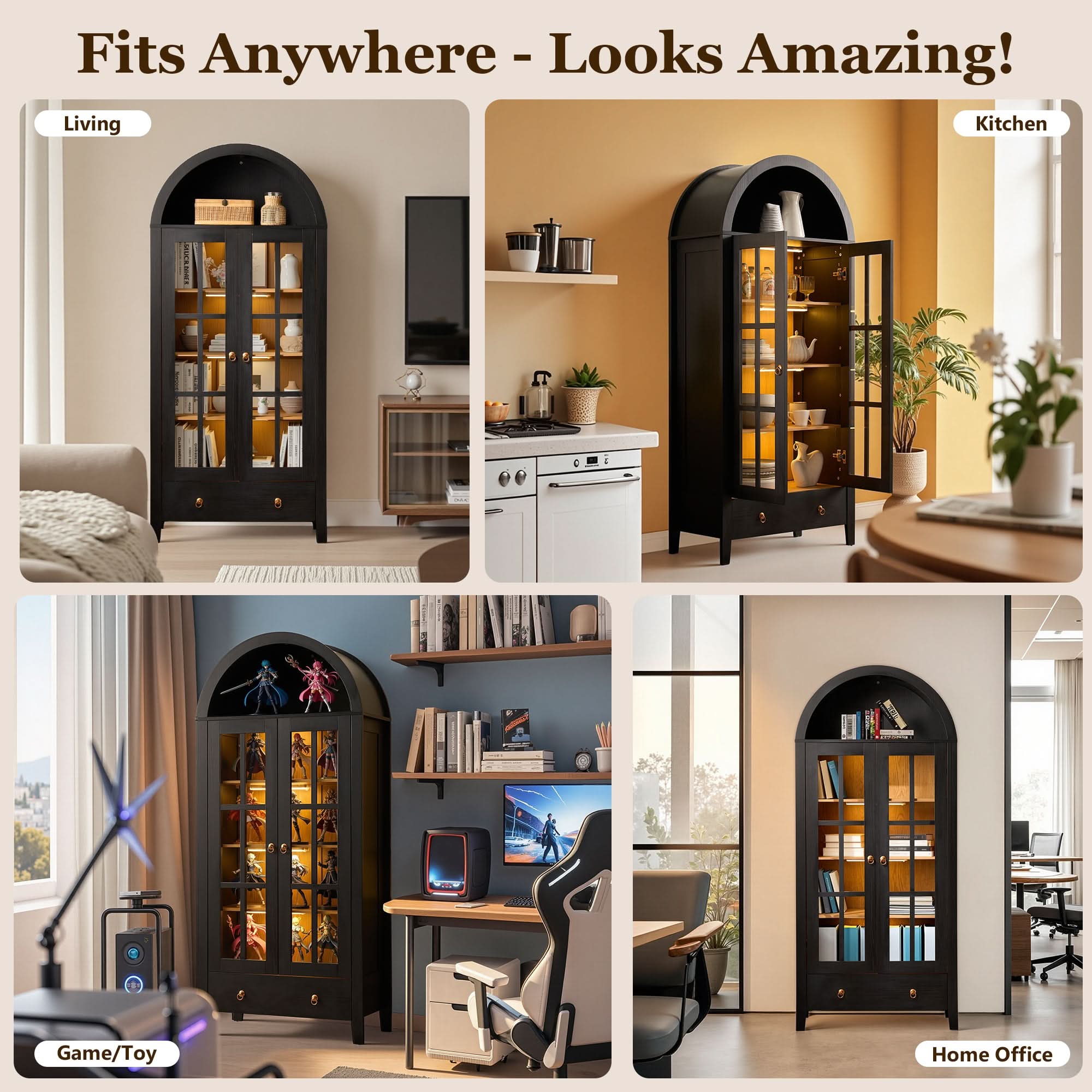 OVIOS Modern Glass Door Storage Cabinet with Adjustable Shelves and Drawer