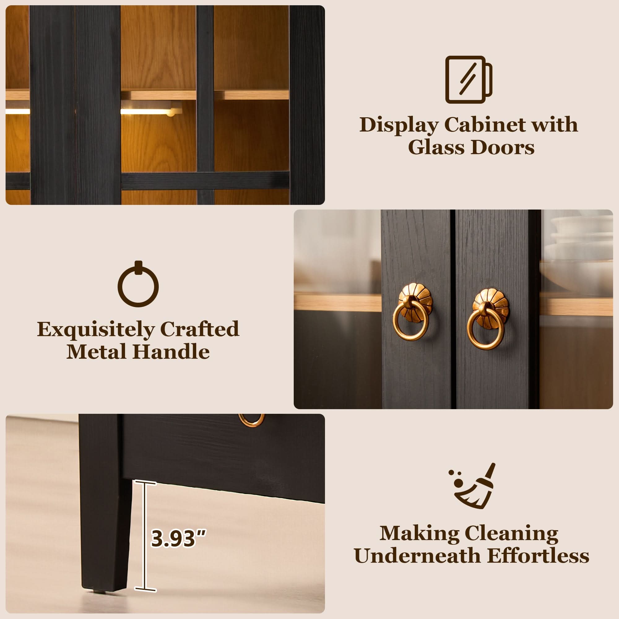 OVIOS Modern Glass Door Storage Cabinet with Adjustable Shelves and Drawer