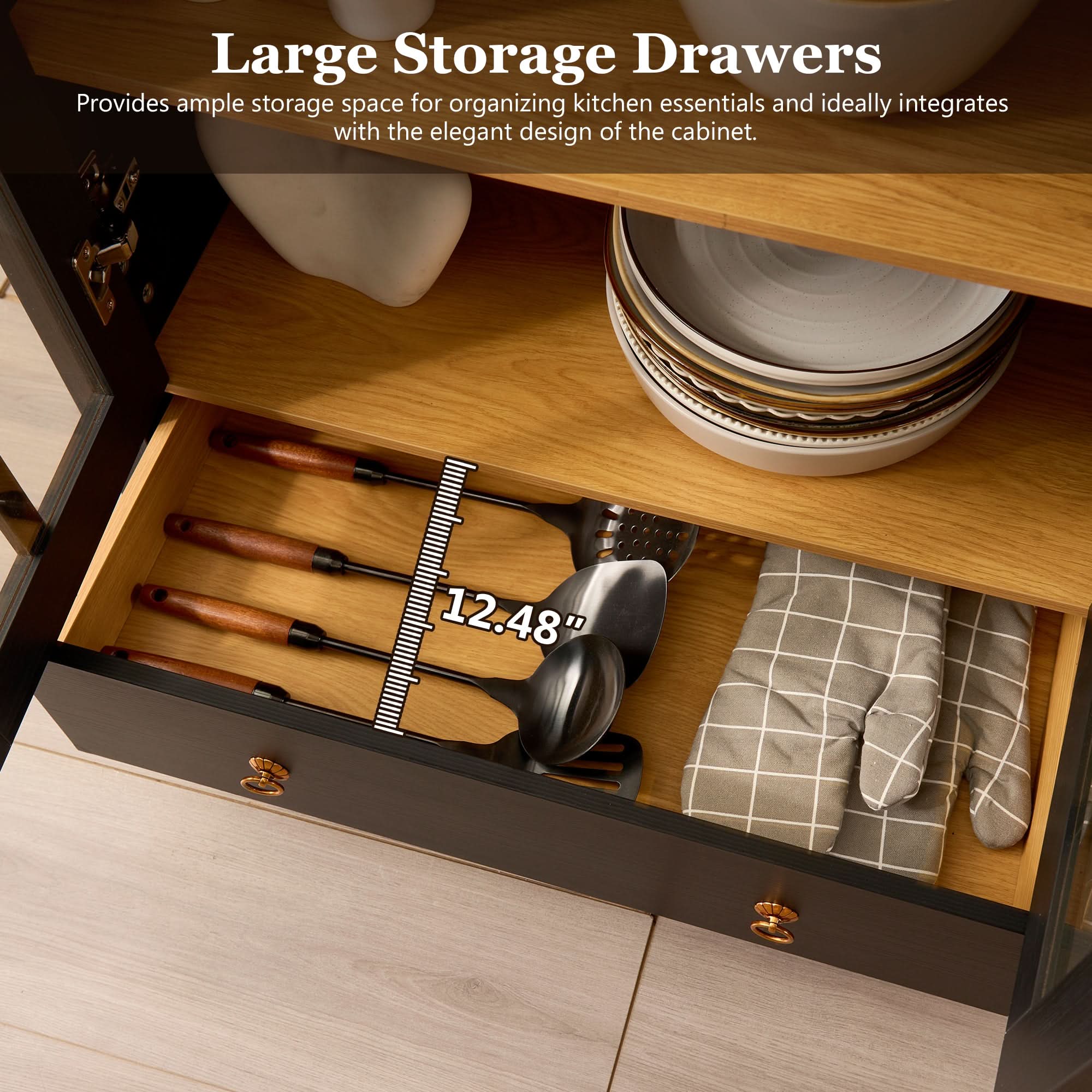 OVIOS Modern Glass Door Storage Cabinet with Adjustable Shelves and Drawer