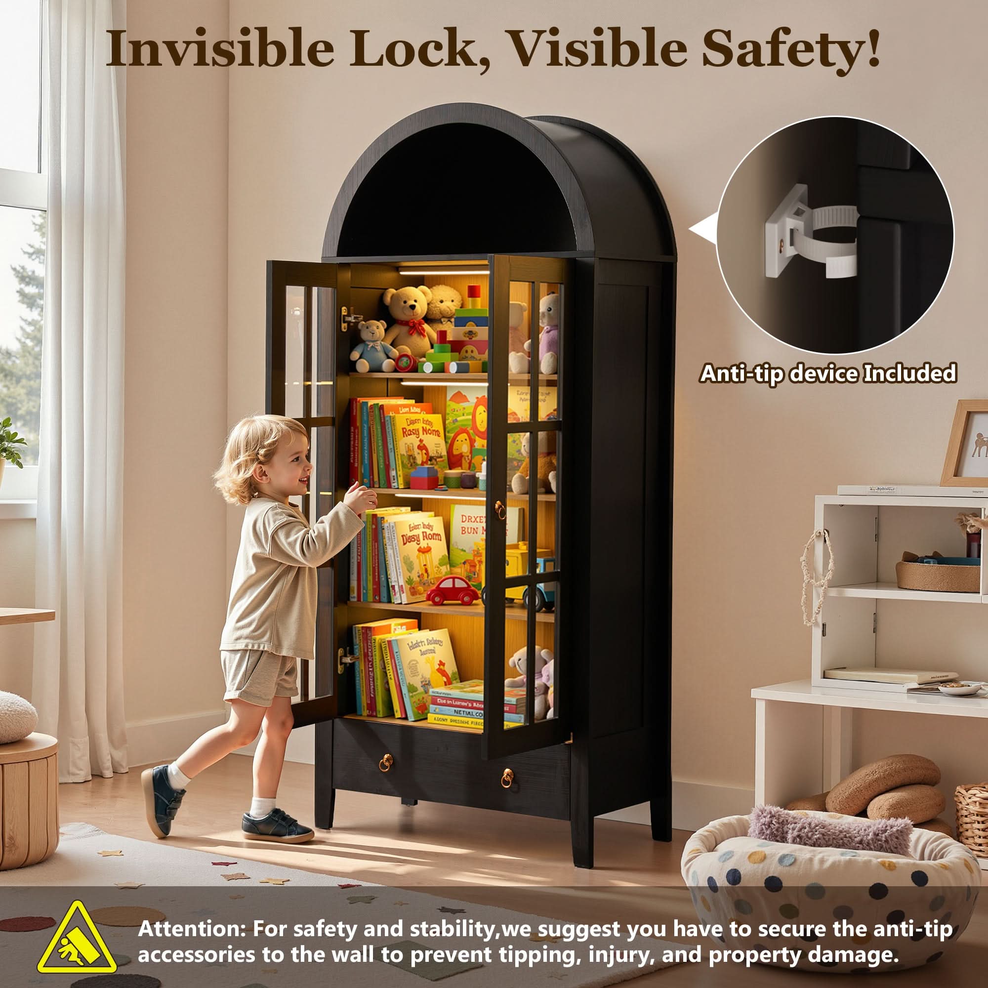 OVIOS Modern Glass Door Storage Cabinet with Adjustable Shelves and Drawer