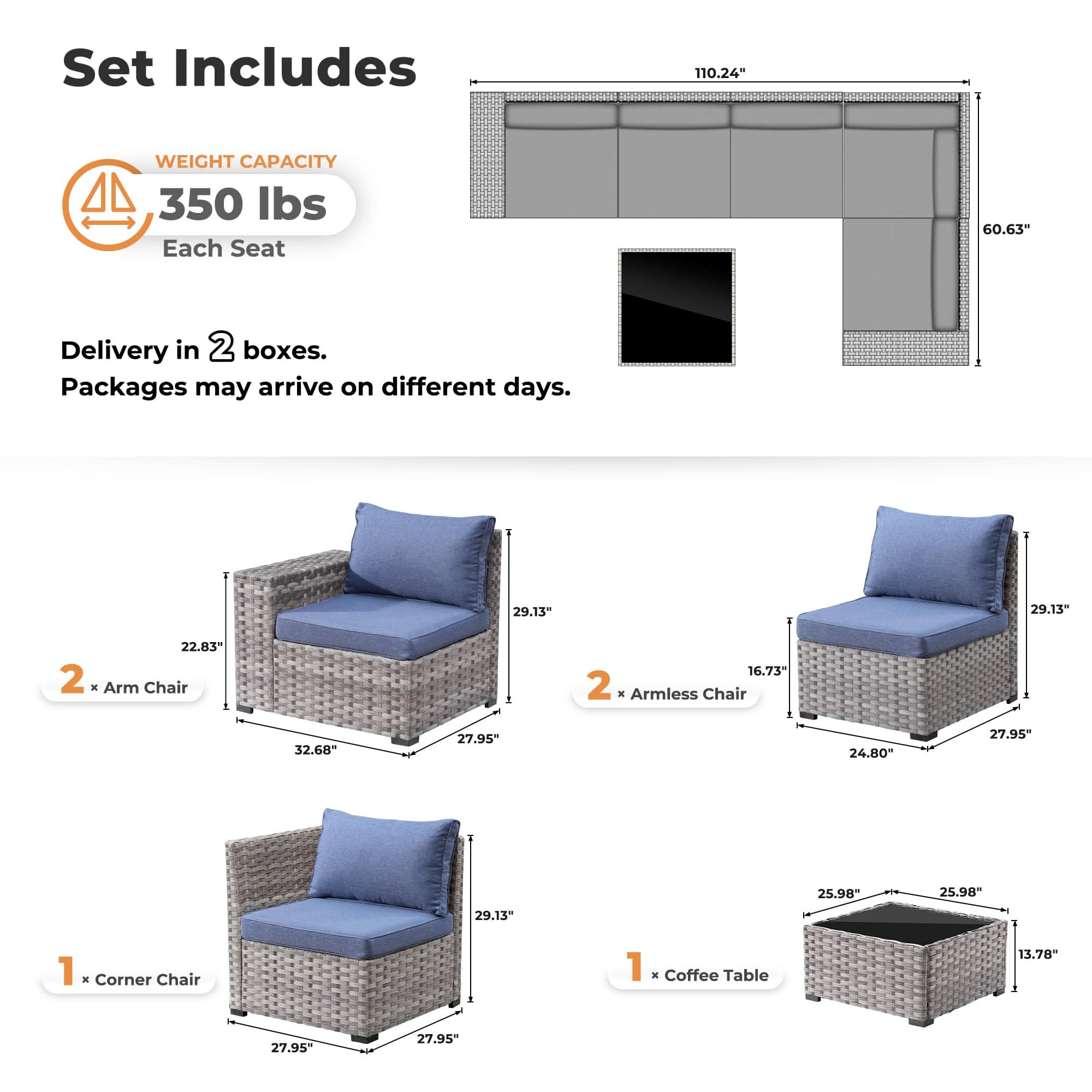 Denim Blue | OVIOS 6-Piece Outdoor Sectional Sofa dimensions diagram, sectional sofa set with gray wicker frame and blue cushions