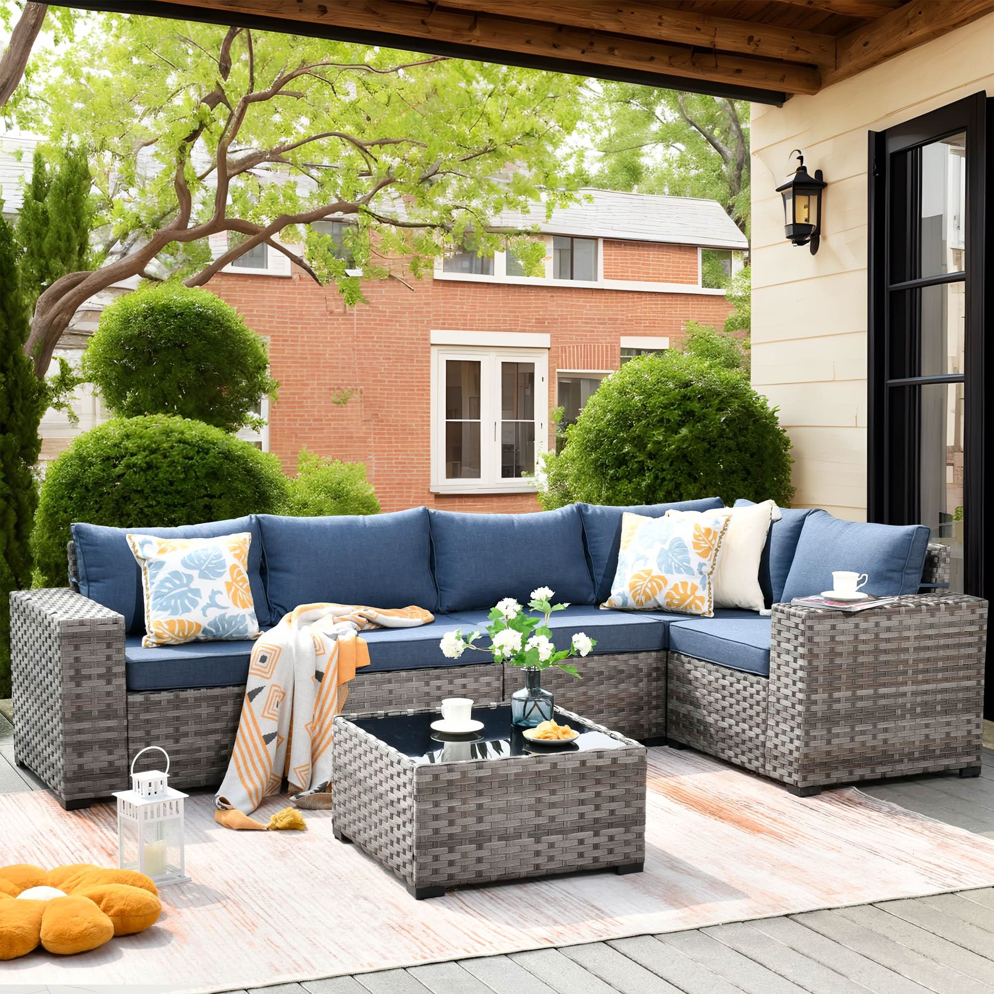 Denim Blue | OVIOS 6 Pieces Outdoor Sectional Sofa with blue cushions and gray wicker frame, patio furniture set