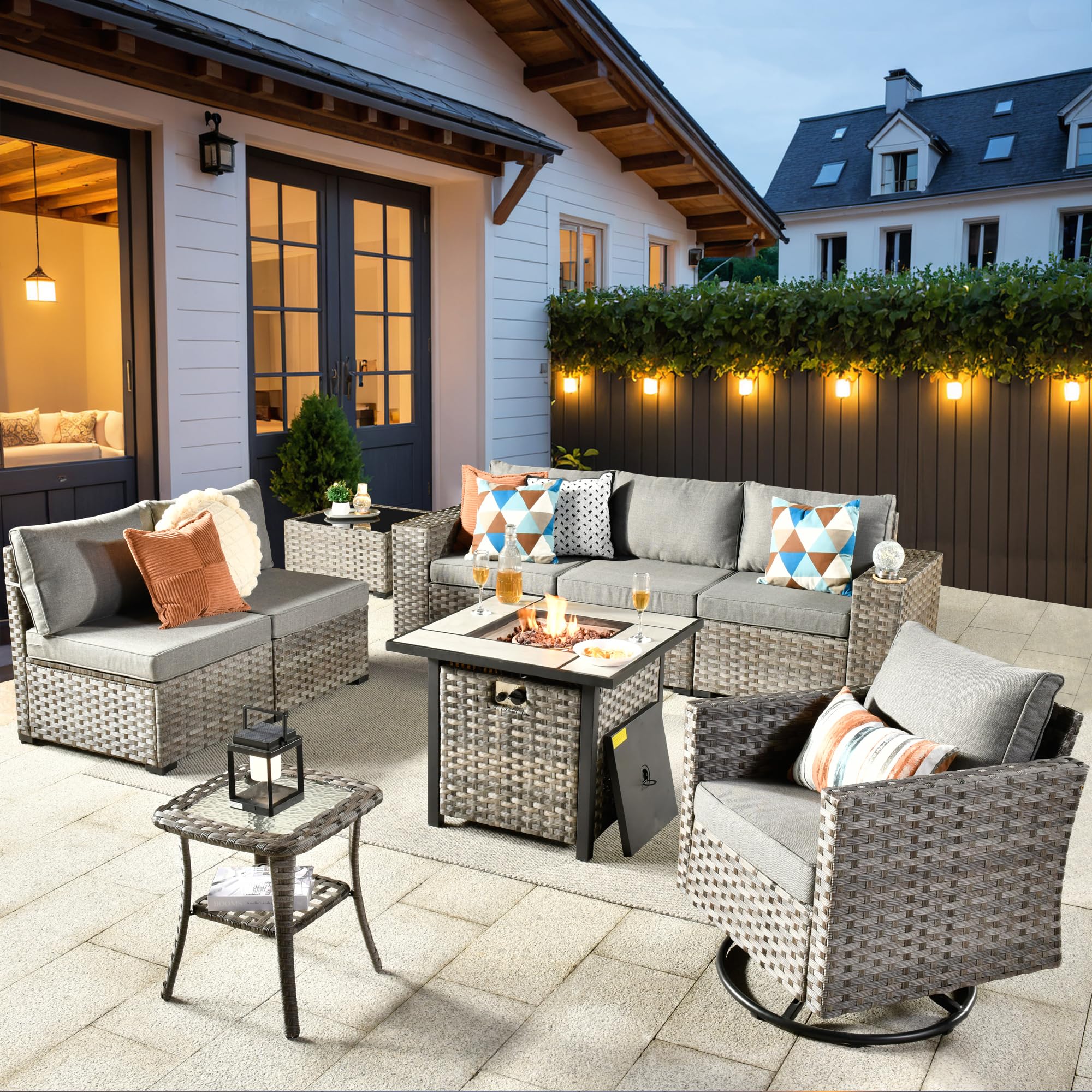 Ovios 9 Pieces Patio Furniture Set, Outdoor Sectional Sofa with Swivel Rocking Chair, 30" Fire Pit Table