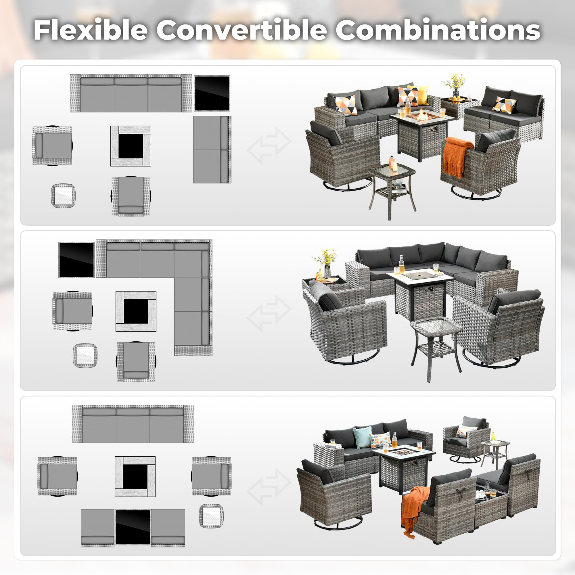 Flexible OVIOS patio furniture set configurations: gray wicker sectional with fire pit table and swivel chairs.