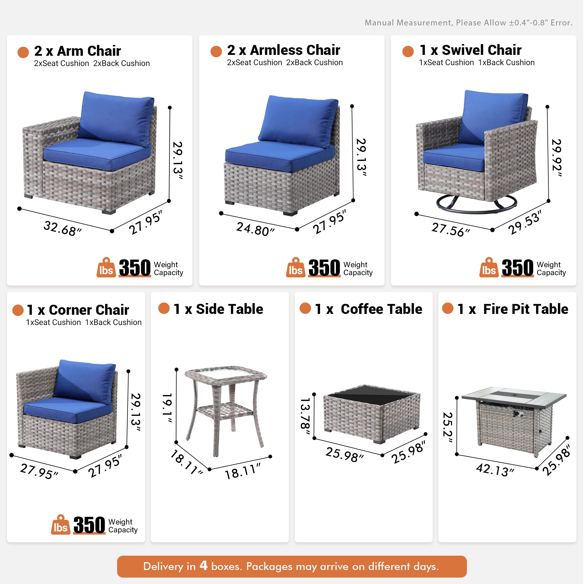 Navy Blue OVIOS 9-piece outdoor set with wide arm chairs, swivel chair, tables, fire pit.