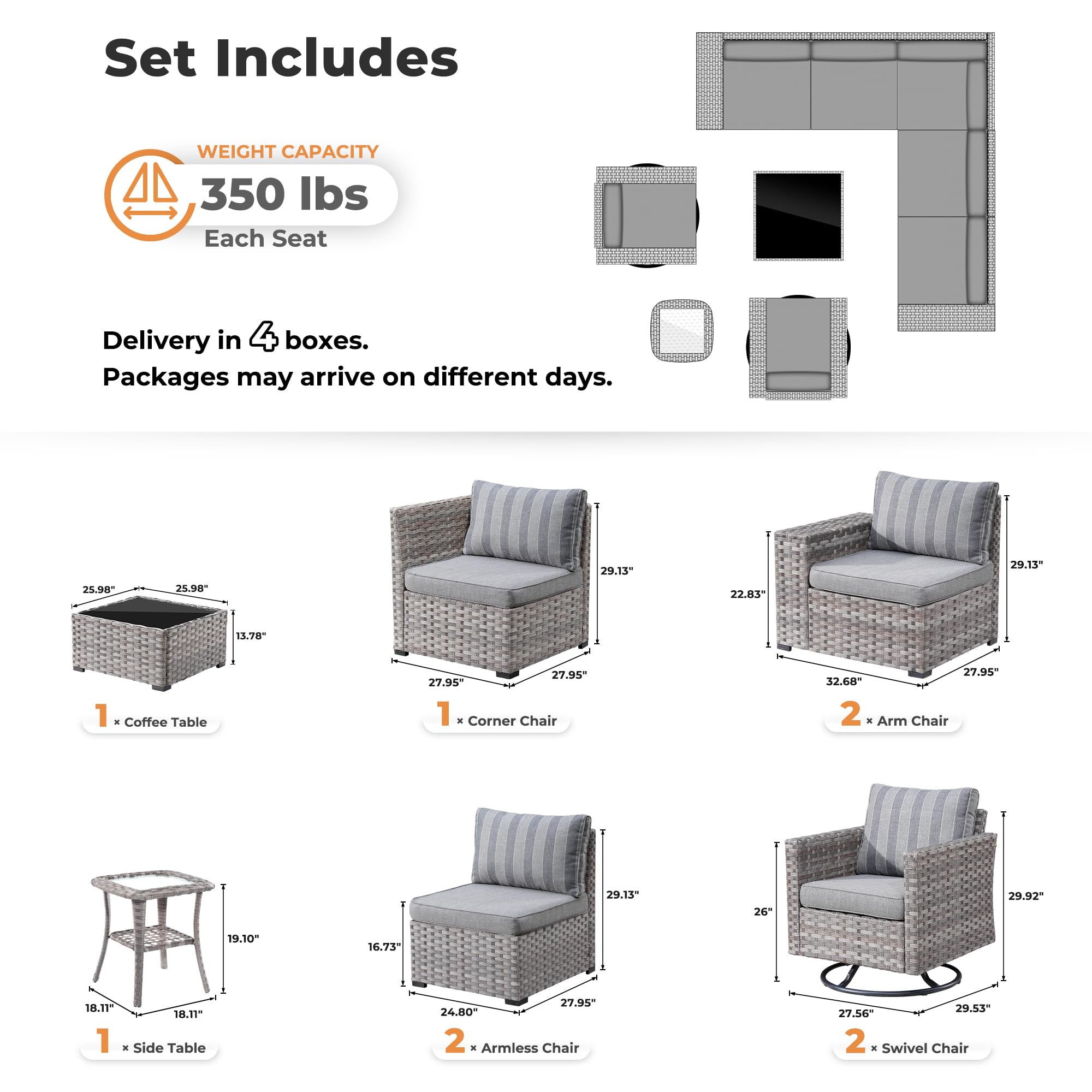 OVIOS Outdoor Furniture Set with Gray Wicker and Swivel Chairs - Patio Relaxation Set, 350 lbs Capacity