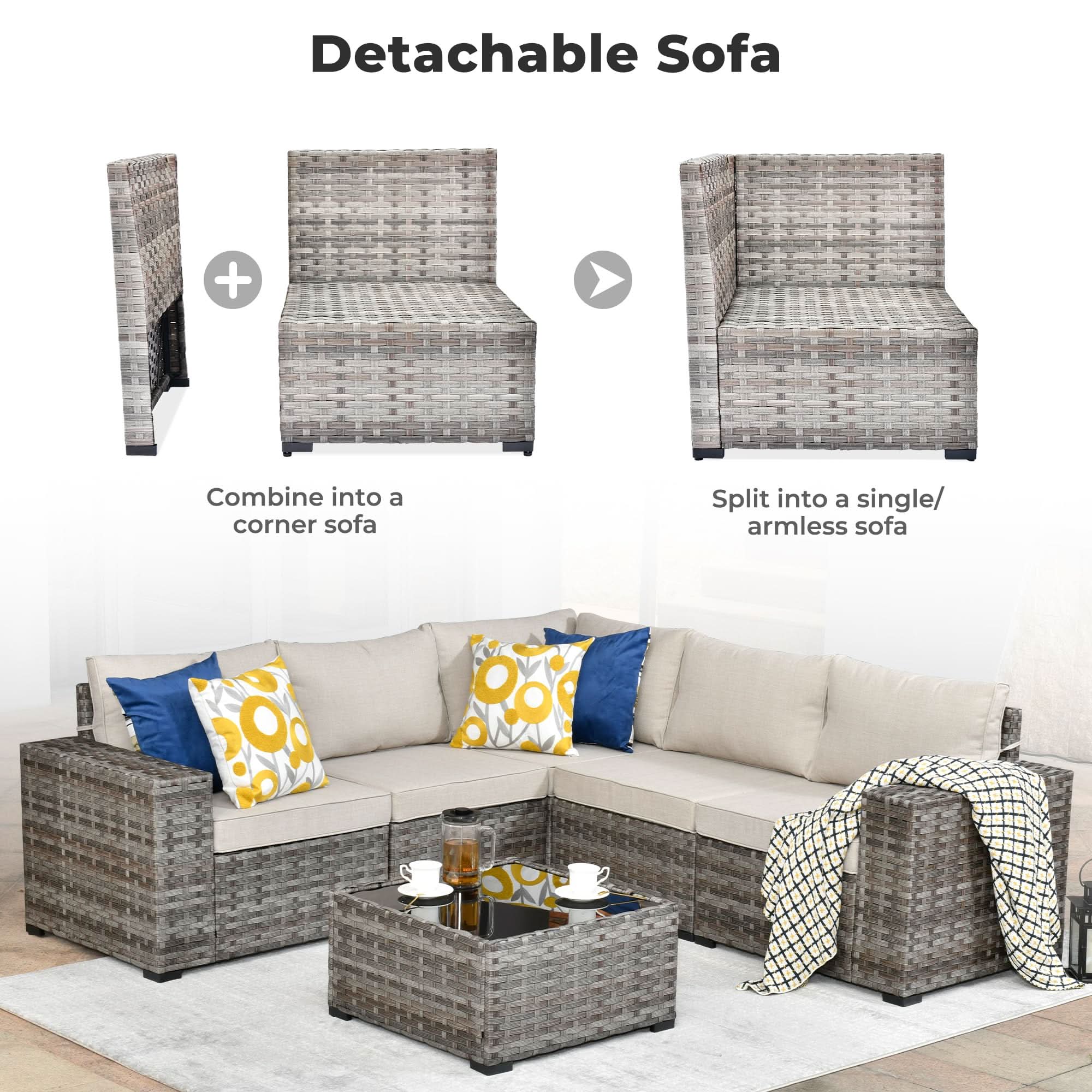 #Color_Beige | OVIOS Detachable Sectional Sofa, convertible design, gray wicker, corner or single sofa; patio furniture
