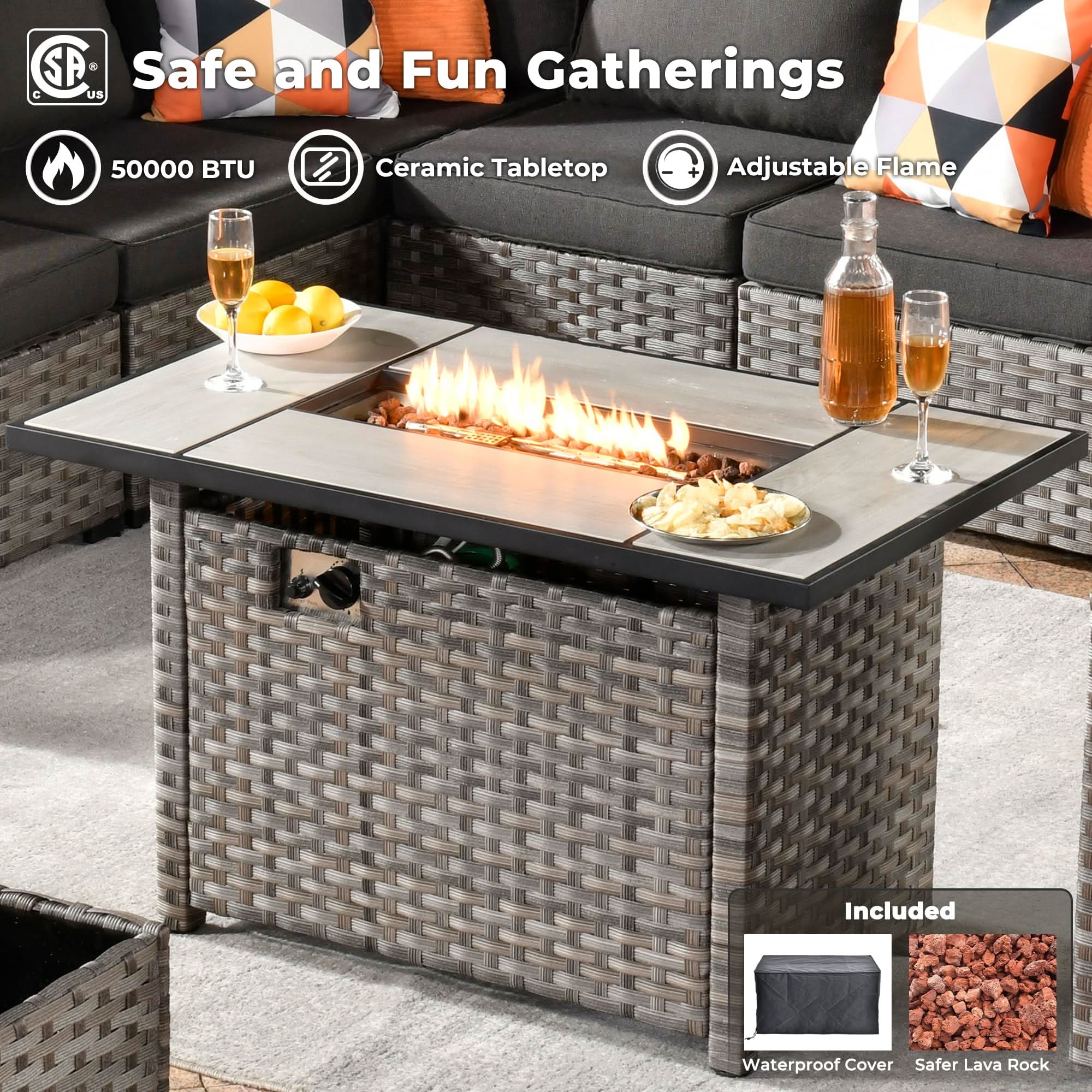 OVIOS 16 Pieces Outdoor Patio Furniture Set with Wicker Fire Pit Table and Chairs with Wide Armrests