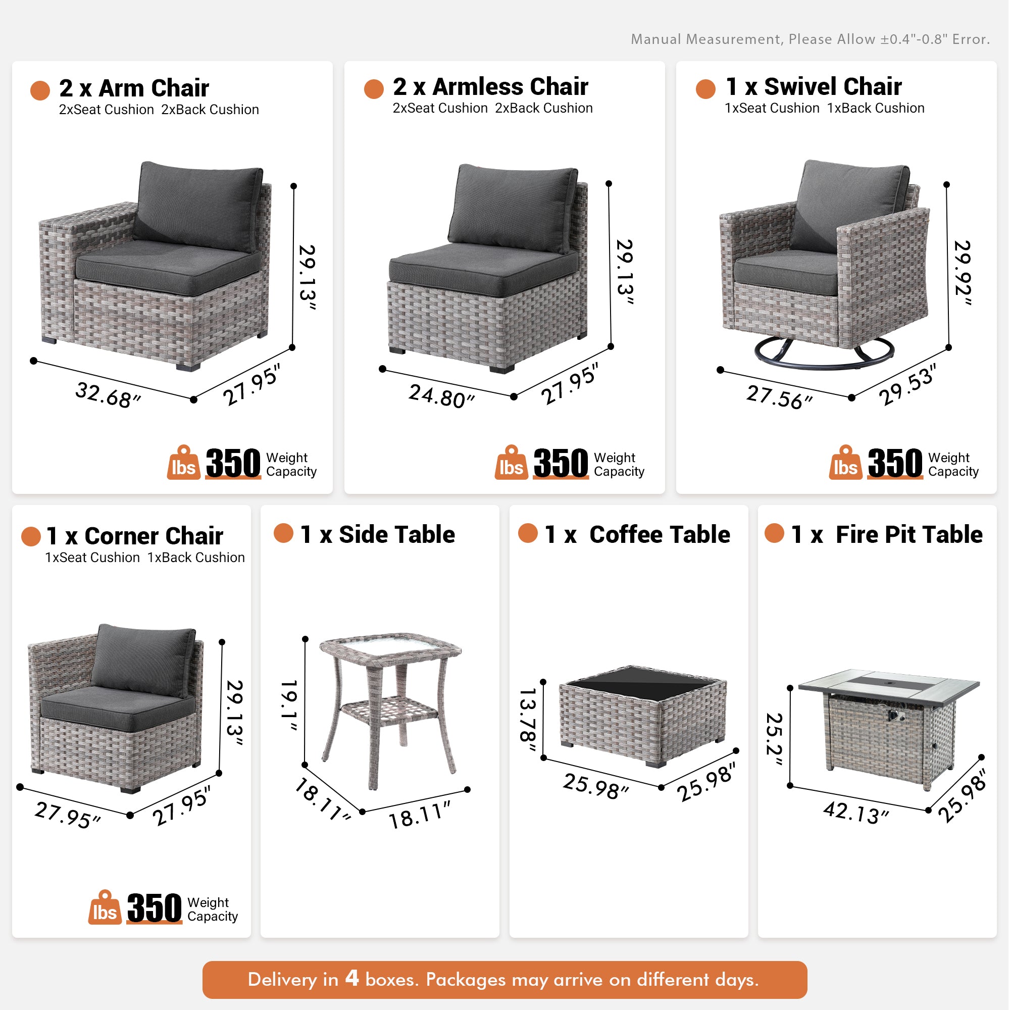 Black OVIOS 9-piece outdoor furniture set: grey wicker chairs, tables, fire pit.