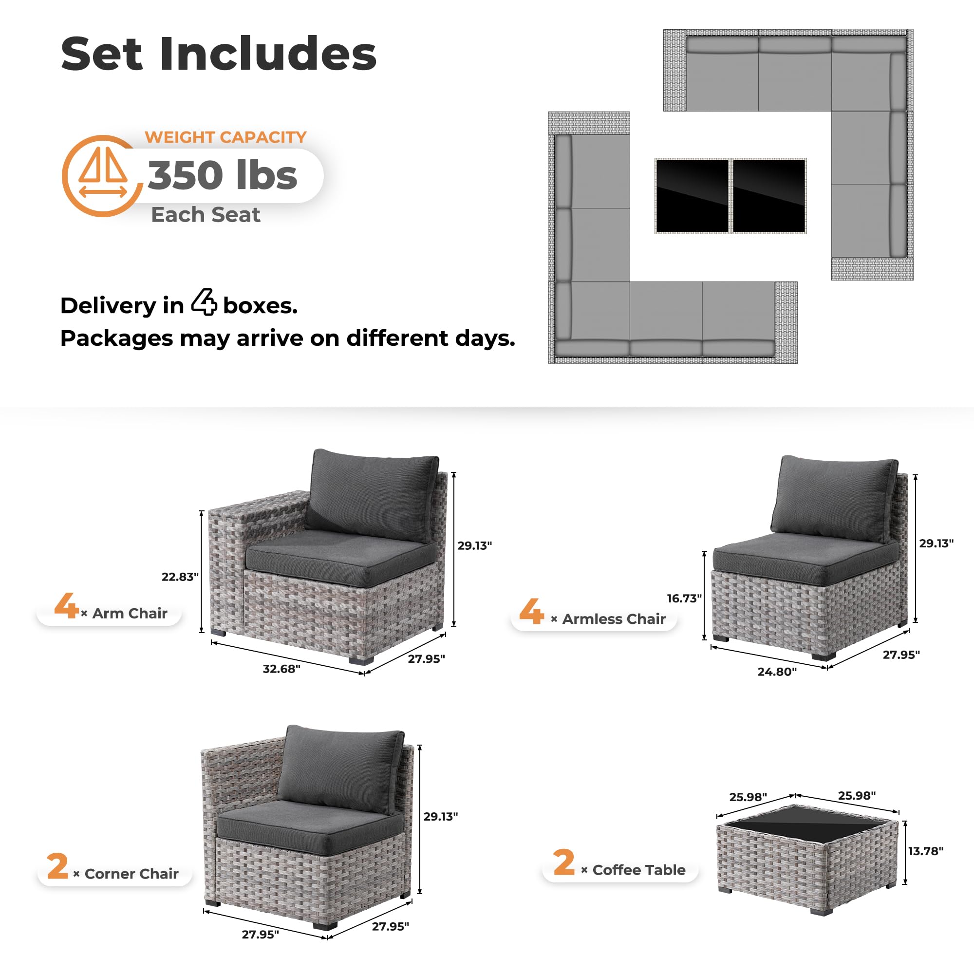 OVIOS 12 Pieces Patio Conversation Set with 7.68'' Broad Handrails