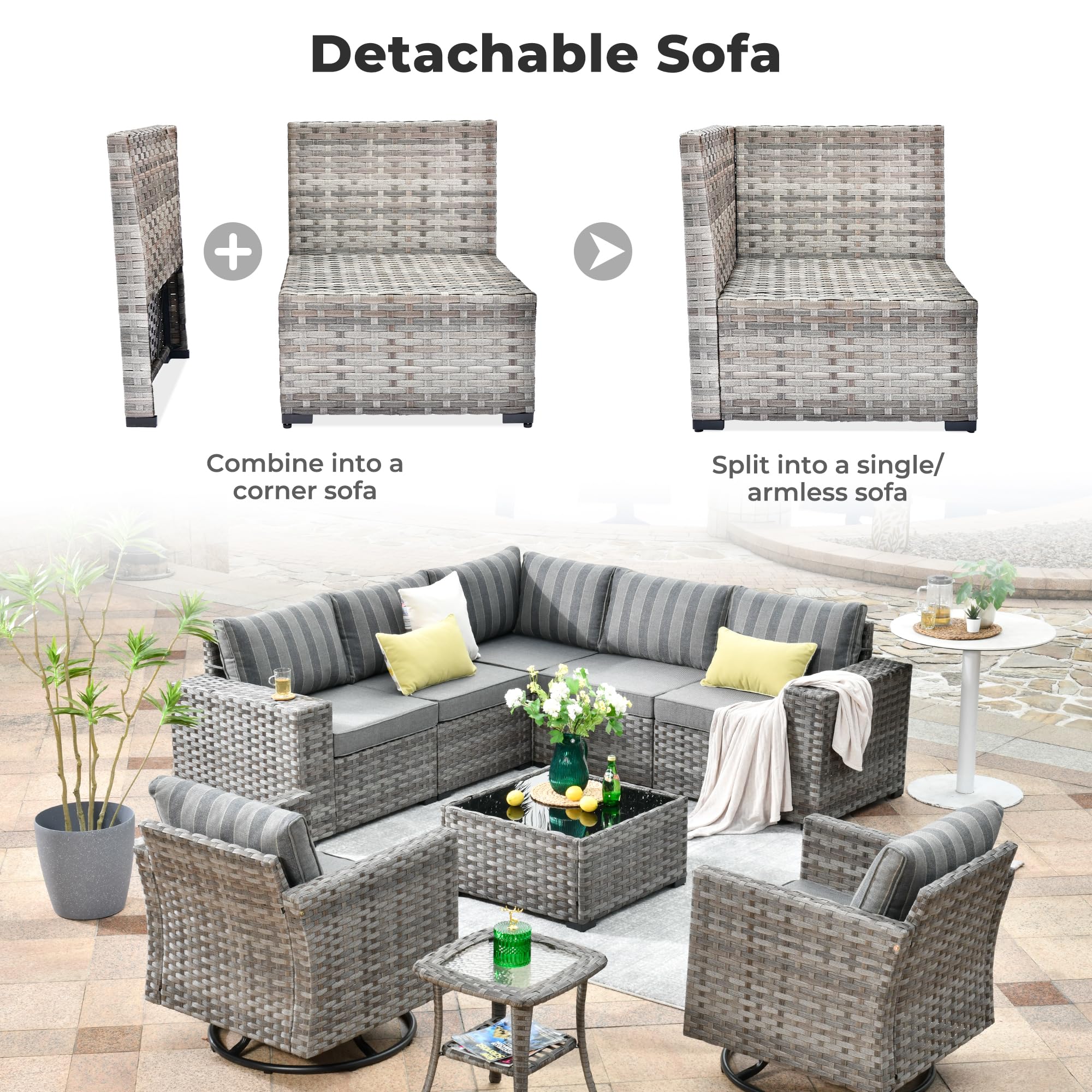 OVIOS Detachable Sofa, gray wicker outdoor furniture set convertible to corner or armless sofa