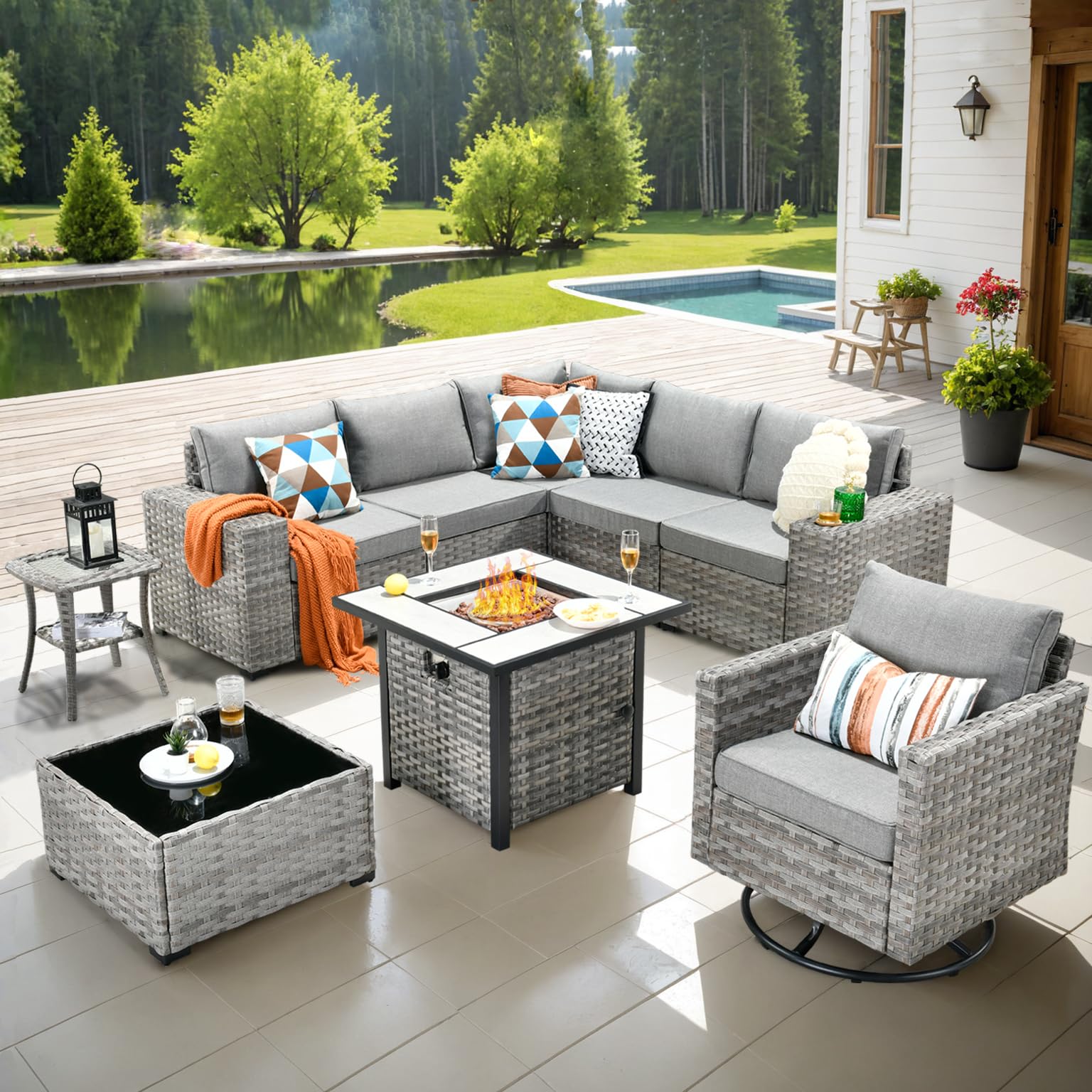 Ovios 9 Pieces Patio Furniture Set, Outdoor Sectional Sofa with Swivel Rocking Chair, 30" Fire Pit Table