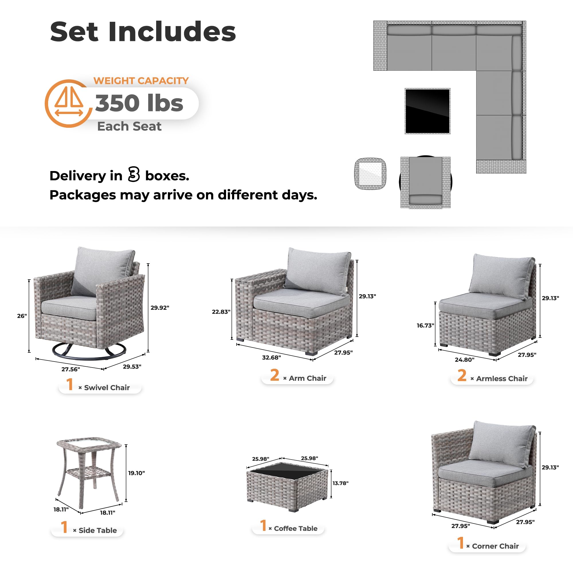 Ovios 8 Pieces Patio Furniture Set, Outdoor Sectional Sofa with Swivel Rocking Chair