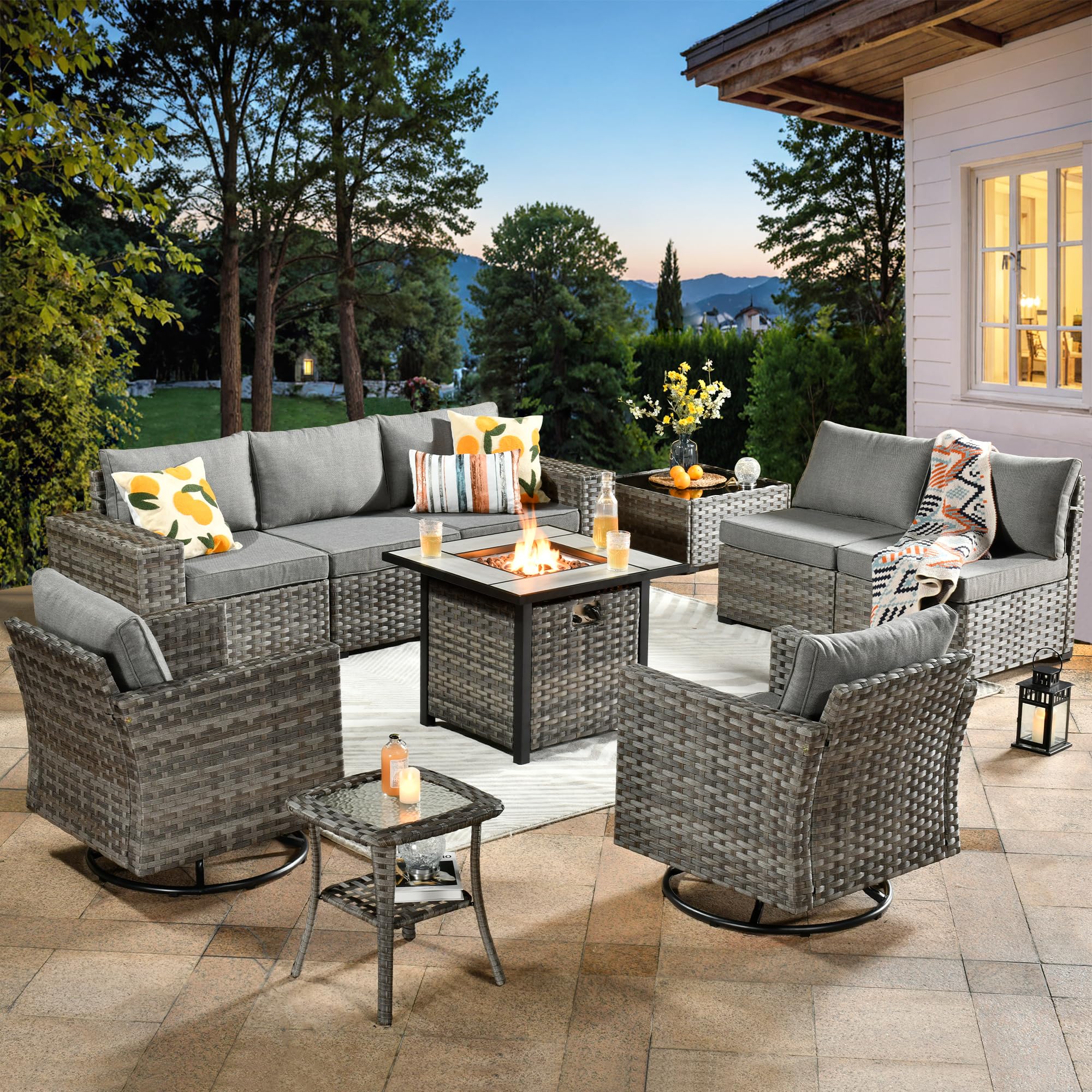OVIOS 10 Pieces Patio Furniture Set with fire pit, gray wicker sectional sofa and swivel chairs