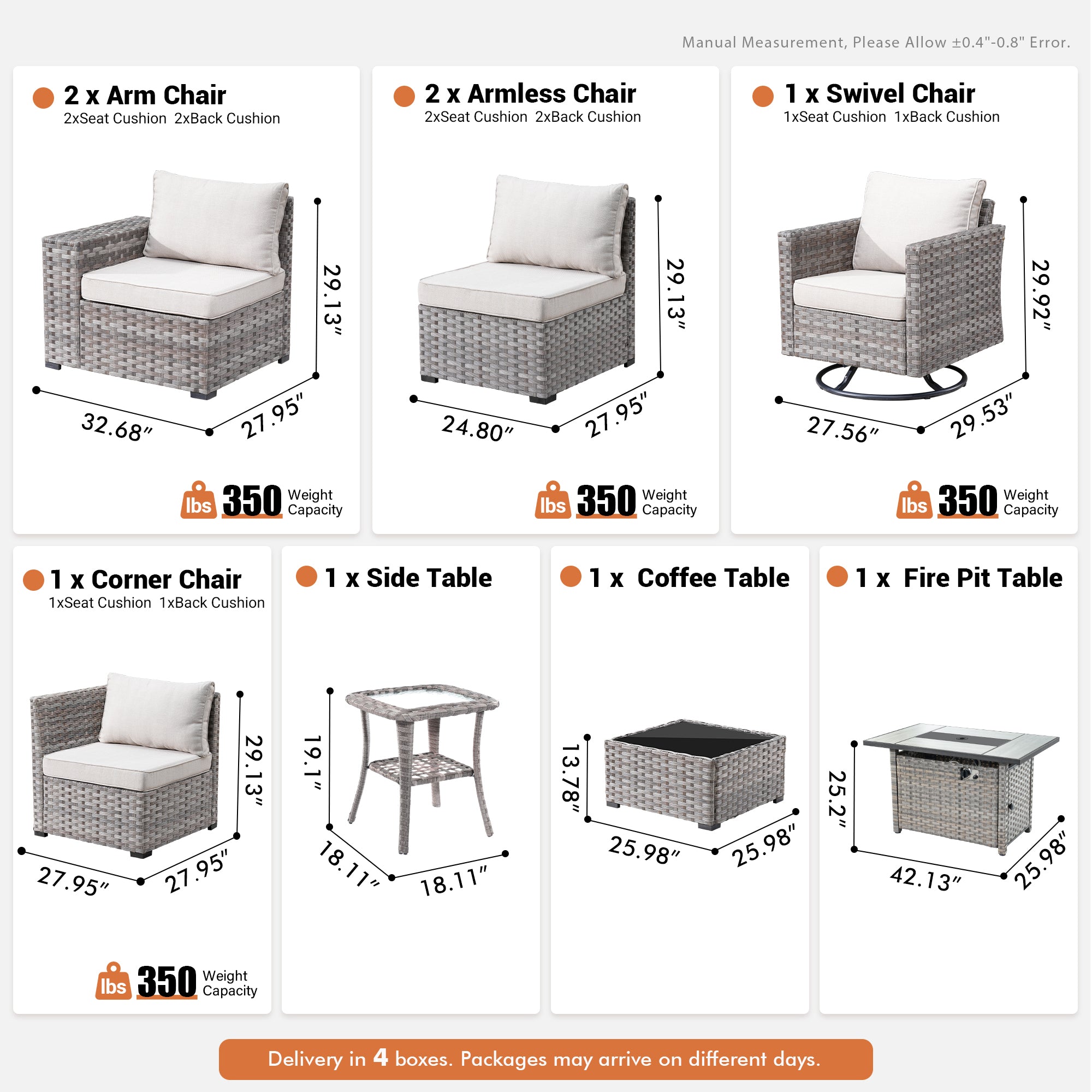 Beige OVIOS 9-piece wicker outdoor furniture set components with dimensions shown.