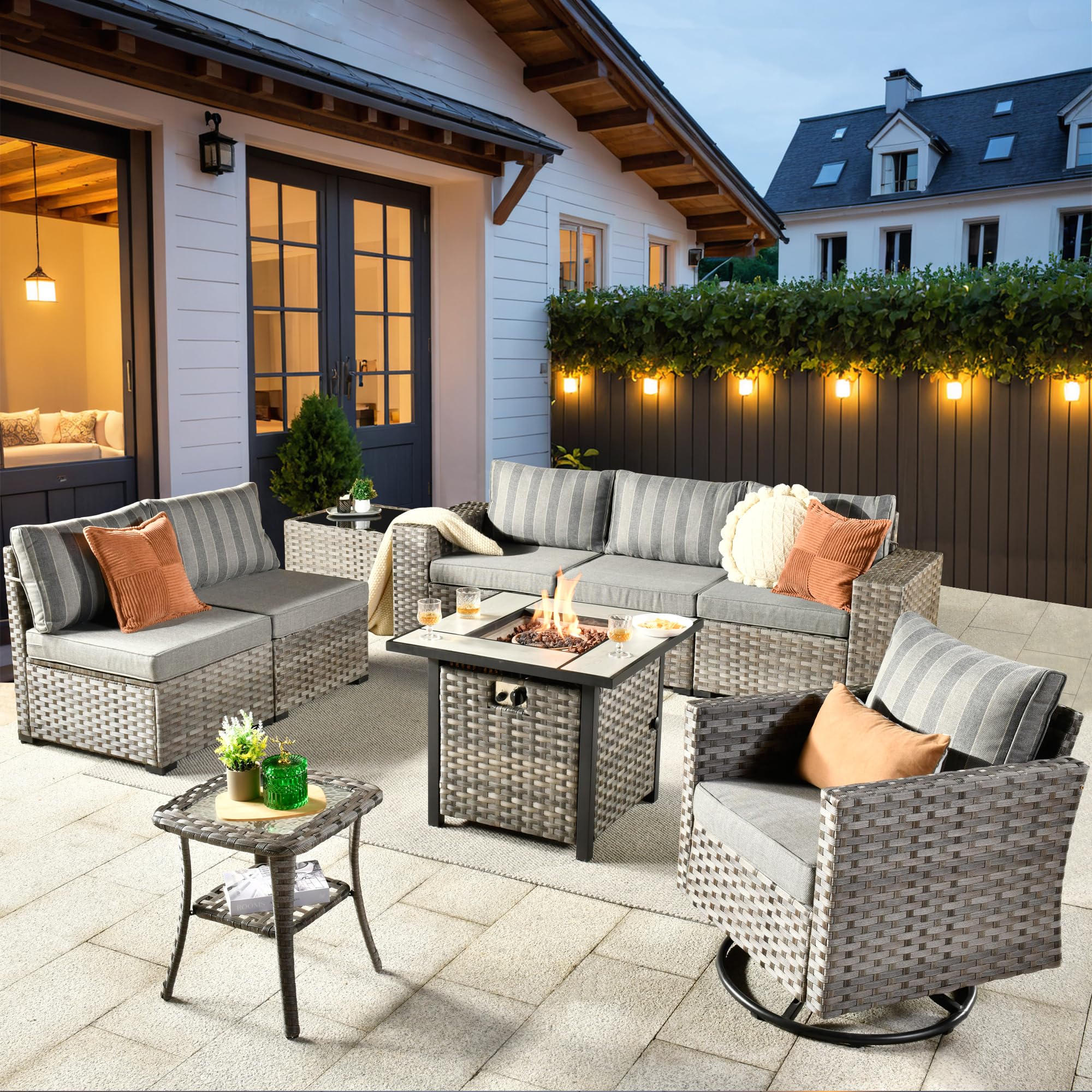 Ovios 9-piece grey rattan outdoor sectional sofa set with swivel rocking chair and 30" fire pit table.strip grey