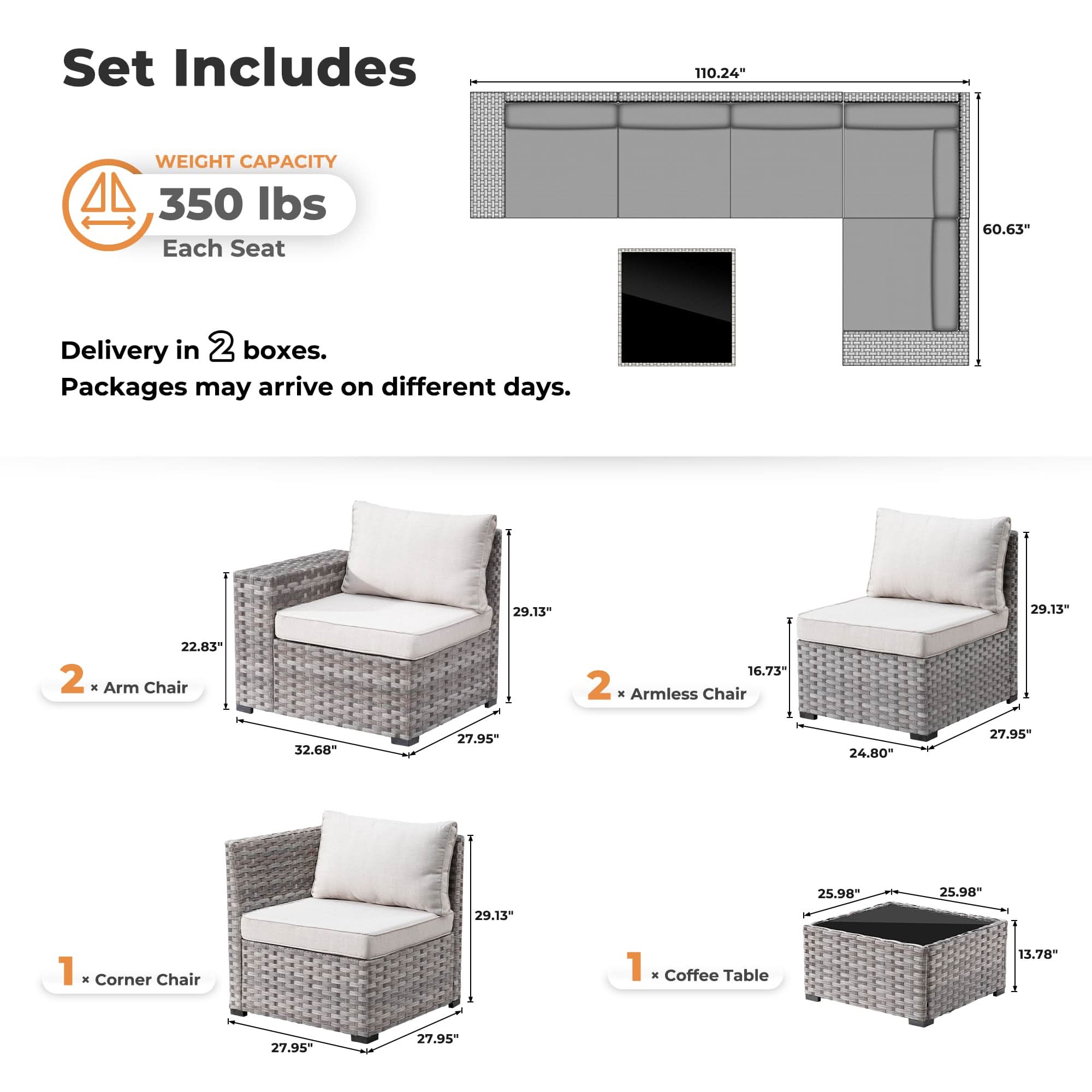 Light Grey OVIOS 6-Piece Outdoor Sectional Sofa dimensions diagram, including arm chairs, corner chair, coffee table details