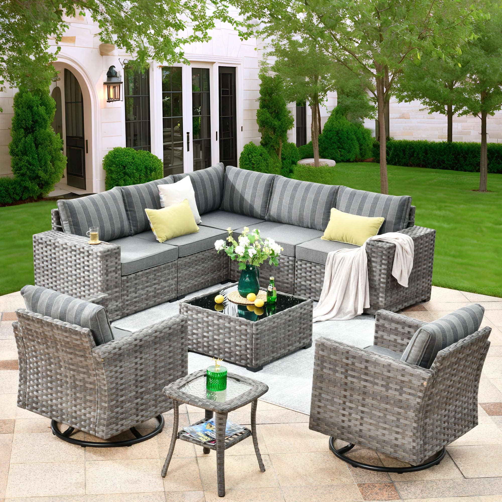 OVIOS outdoor furniture set with gray wicker, swivel chairs, and strip grey cushions