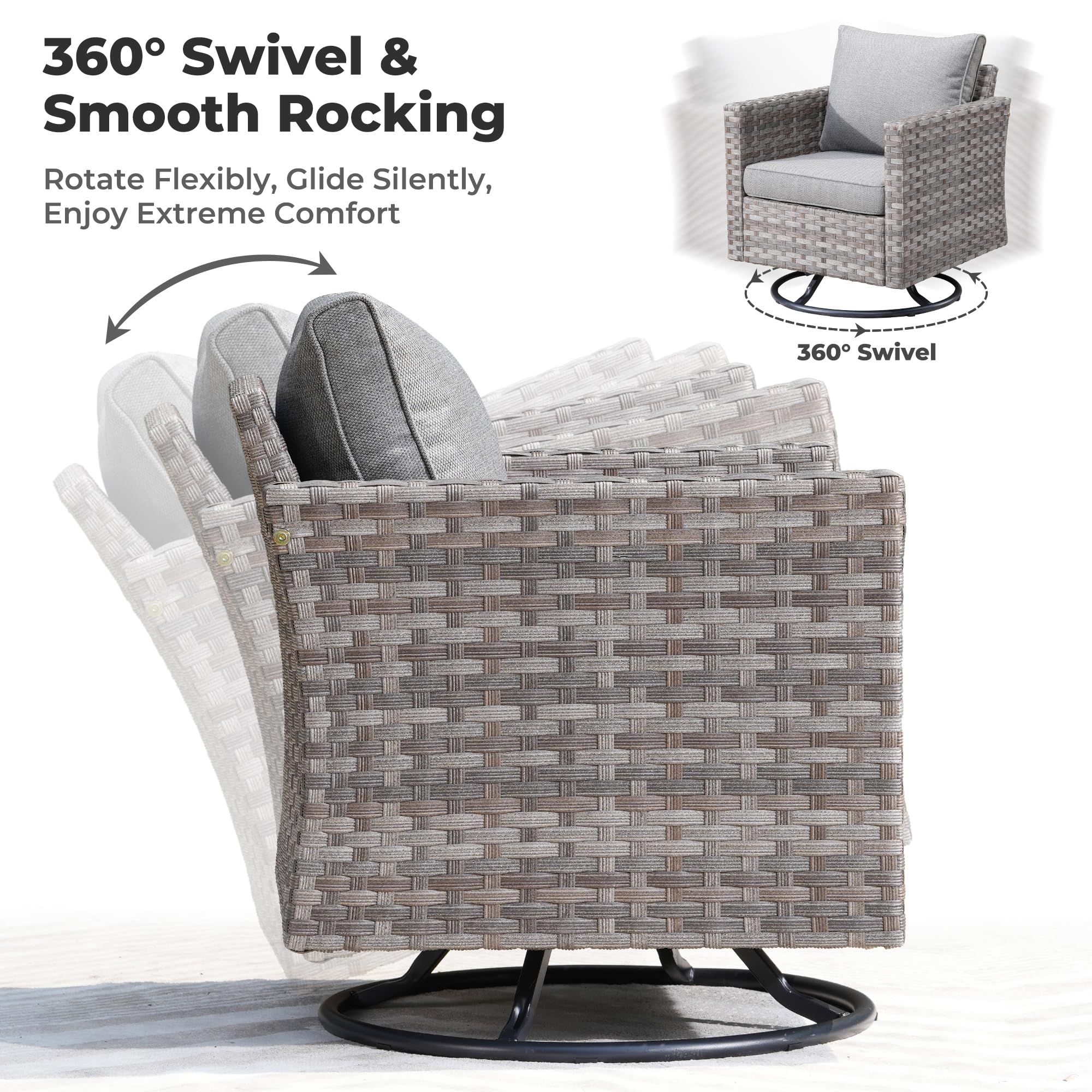 OVIOS swivel chair with 360° rotation and smooth rocking. Gray wicker patio furniture with gray cushions.