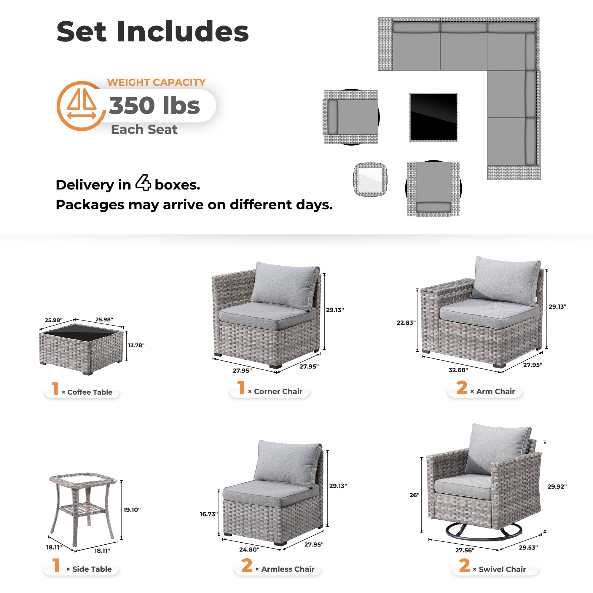 OVIOS 9-Piece Outdoor Furniture Set with gray wicker, detailed dimensions and features diagram.