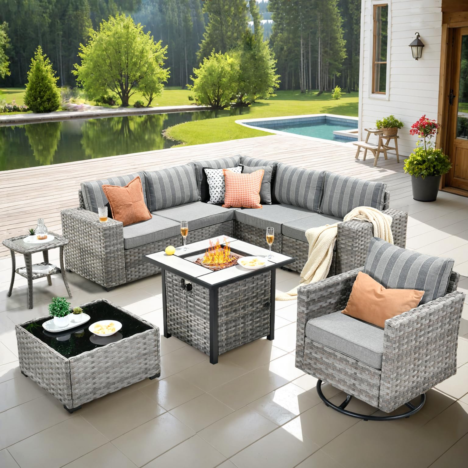Ovios 9-piece outdoor rattan sectional sofa set with swivel chair and fire pit table.strip grey