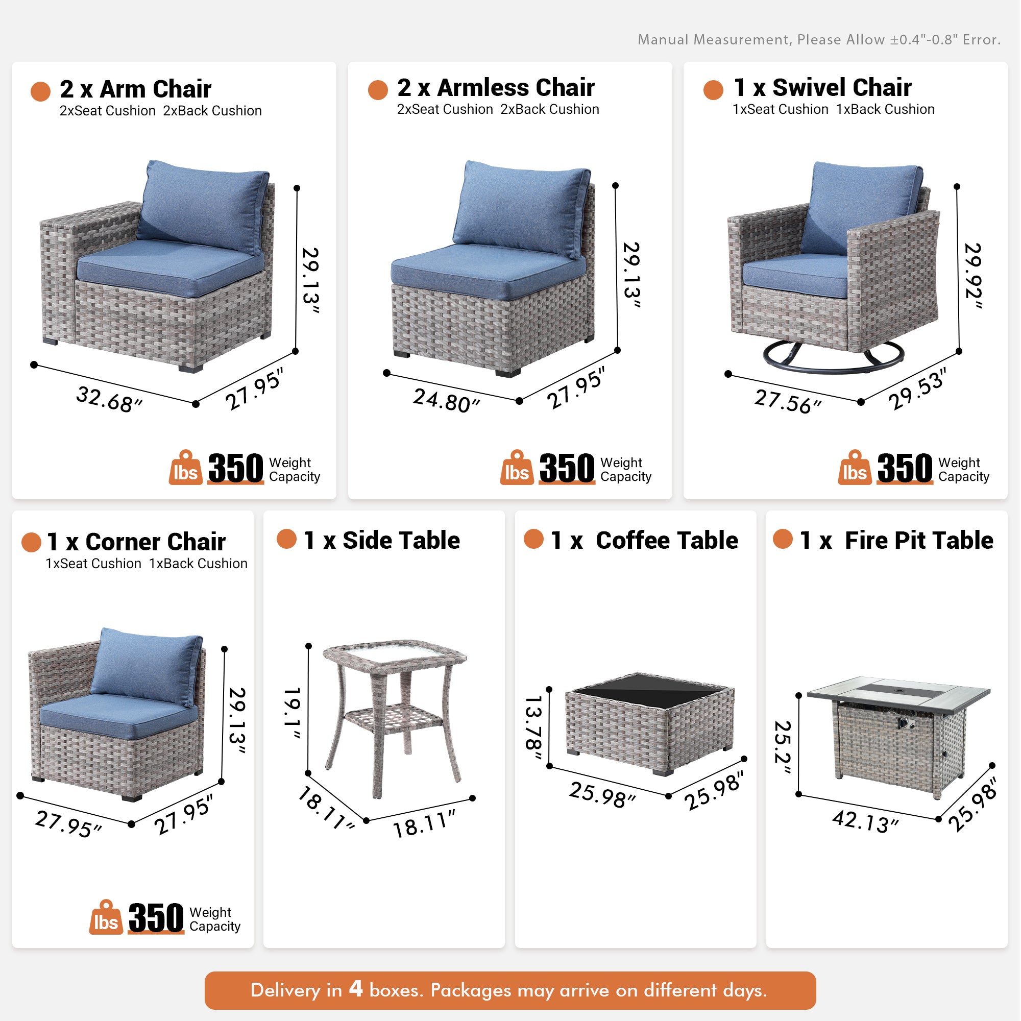 Denim Blue OVIOS 9-piece outdoor furniture set components: rattan arm chairs, swivel chair, tables, fire pit.