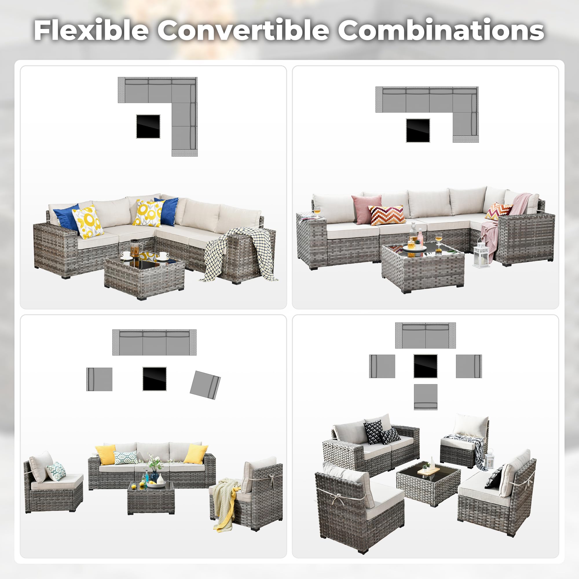 OVIOS 6-Piece Outdoor Sectional Sofa, flexible convertible configurations with gray wicker frame and beige cushions