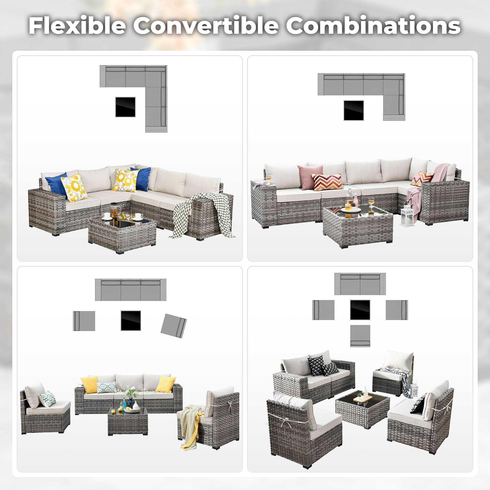 Beige | OVIOS 6pc outdoor sectional sofa: Flexible Convertible Combinations, grey wicker.